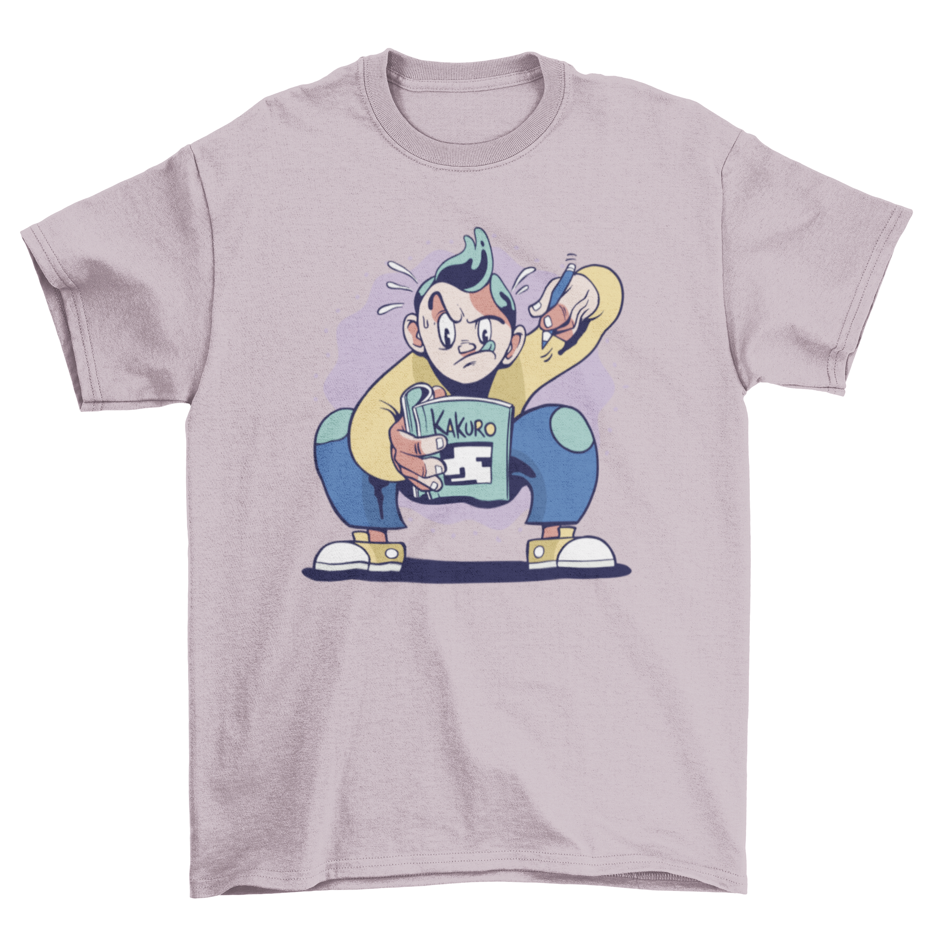 Kakuro Puzzle T-shirt featuring a boy solving puzzles on a book, showcasing a fun and engaging design.