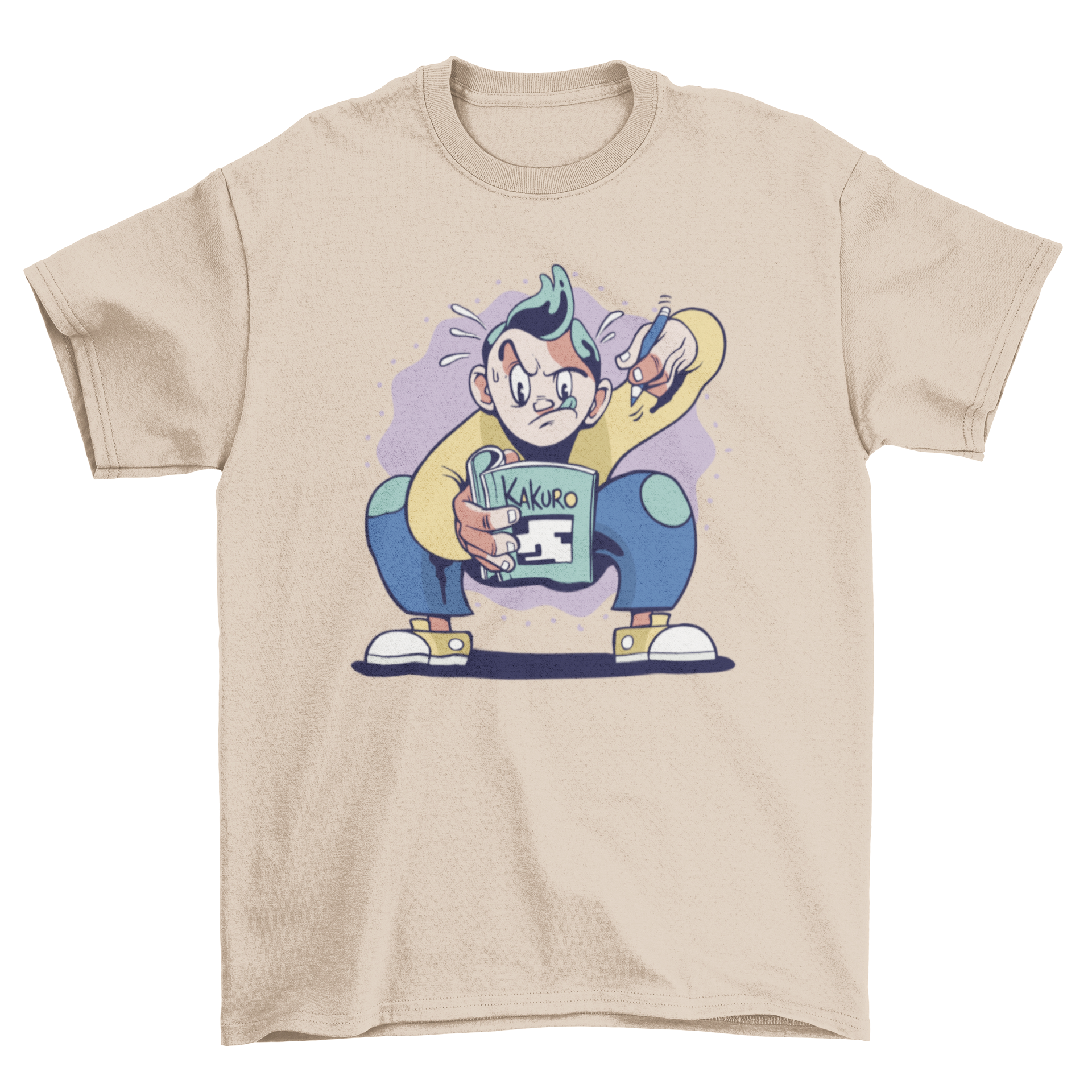 Kakuro Puzzle T-shirt featuring a boy solving puzzles on a book, showcasing a fun and engaging design.