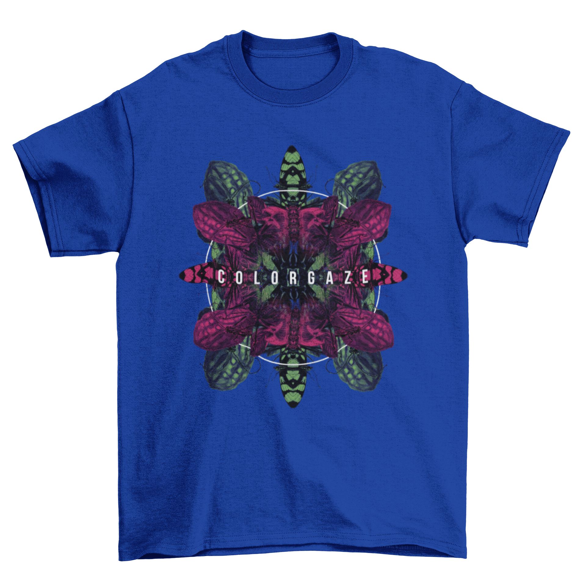 A vibrant t-shirt featuring a kaleidoscope of colorful insects and the quote 'Colorgaze'.