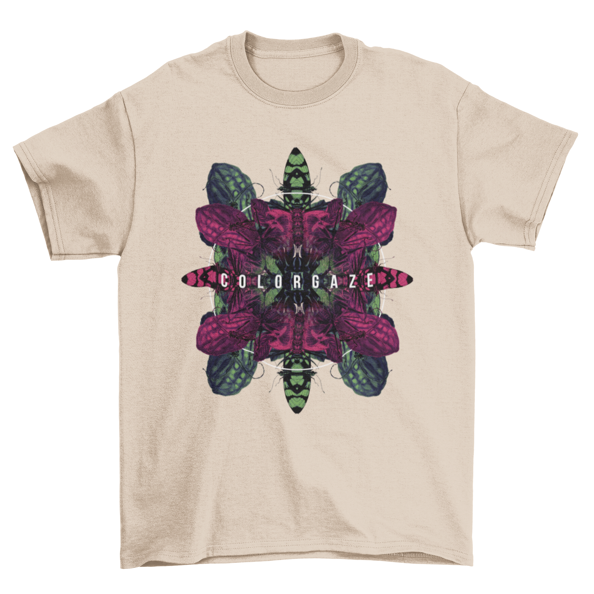 A vibrant t-shirt featuring a kaleidoscope of colorful insects and the quote 'Colorgaze'.