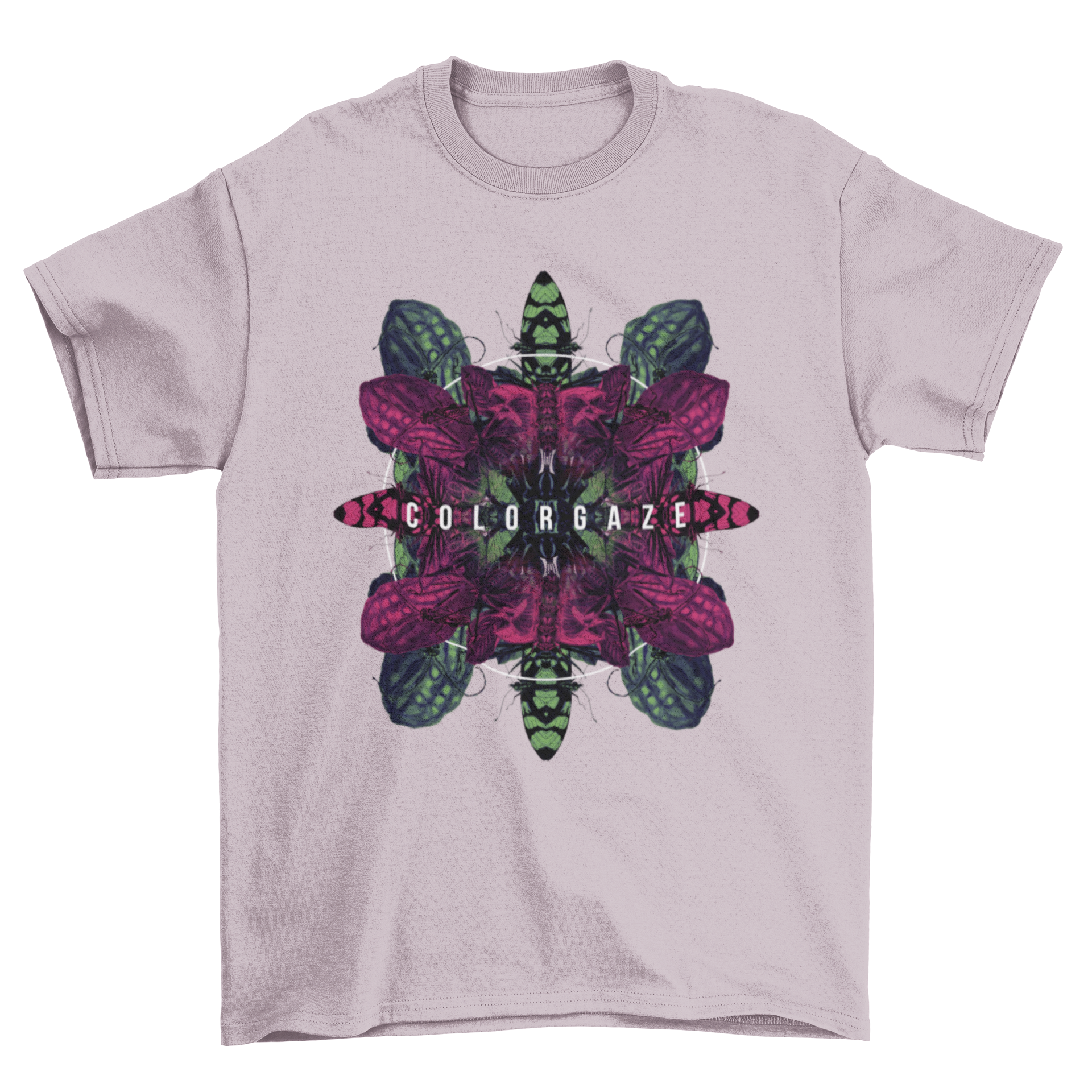 A vibrant t-shirt featuring a kaleidoscope of colorful insects and the quote 'Colorgaze'.