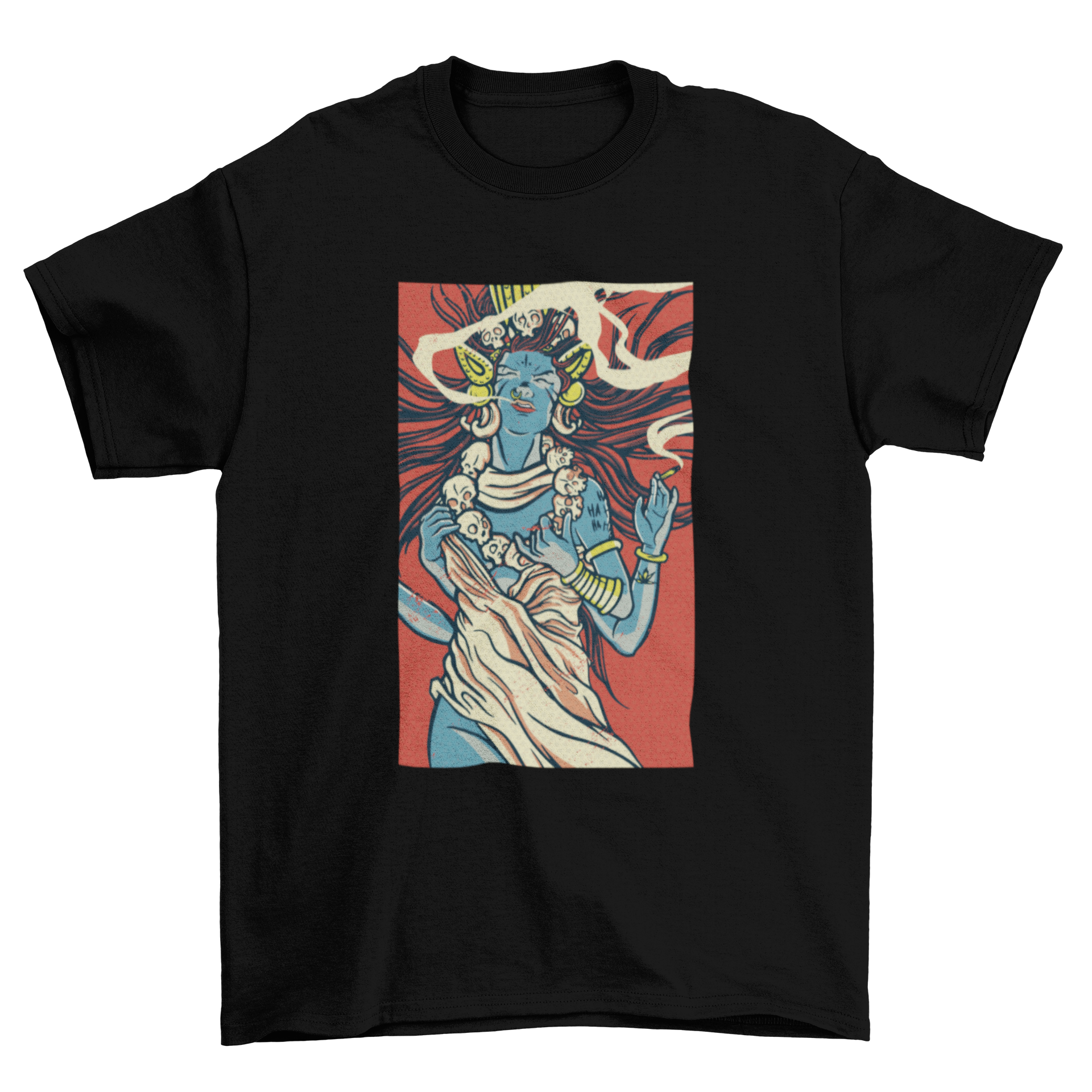 A vibrant T-shirt featuring an artistic illustration of the Hindu Goddess Kali, showcasing her fierce and protective nature.