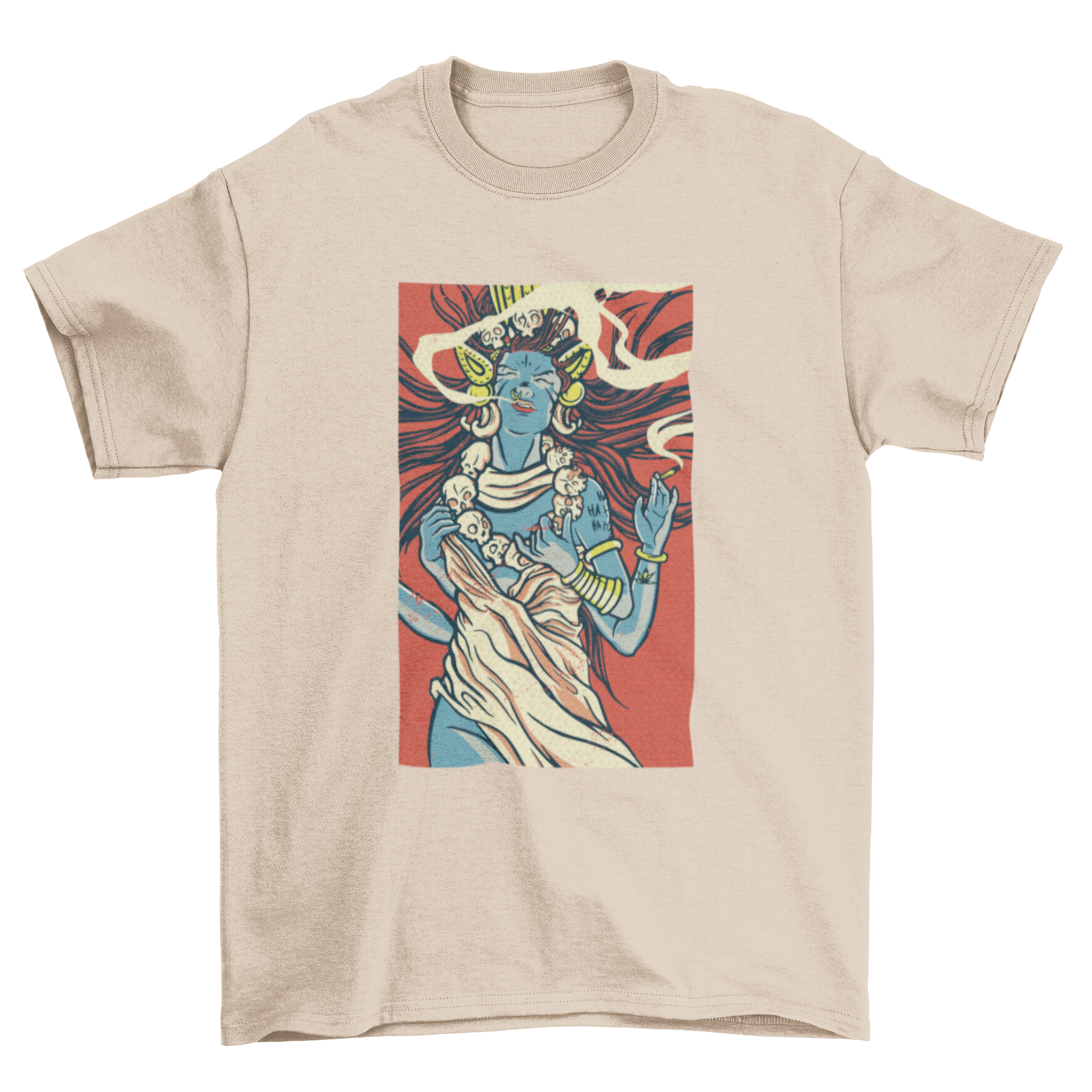 A vibrant T-shirt featuring an artistic illustration of the Hindu Goddess Kali, showcasing her fierce and protective nature.