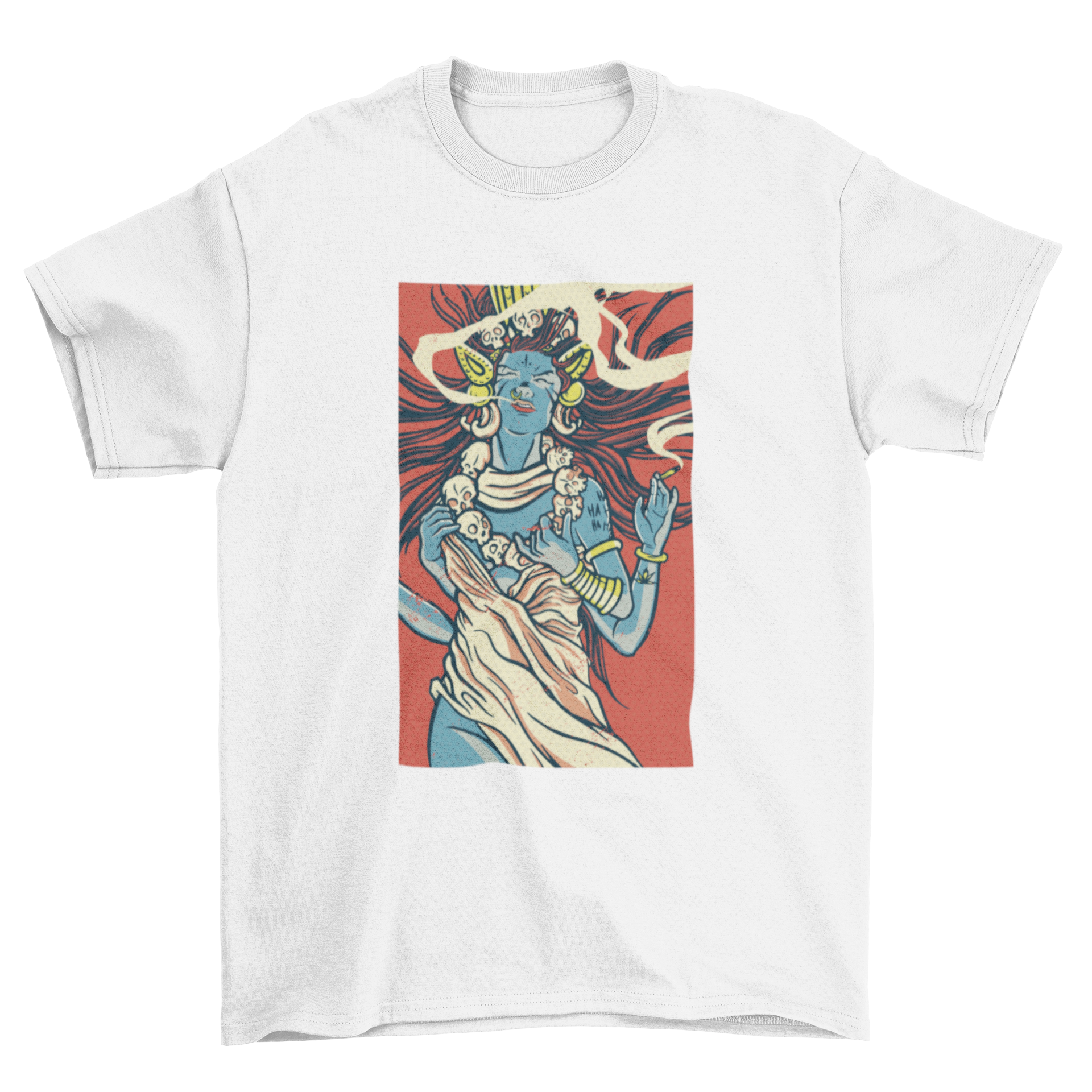 A vibrant T-shirt featuring an artistic illustration of the Hindu Goddess Kali, showcasing her fierce and protective nature.