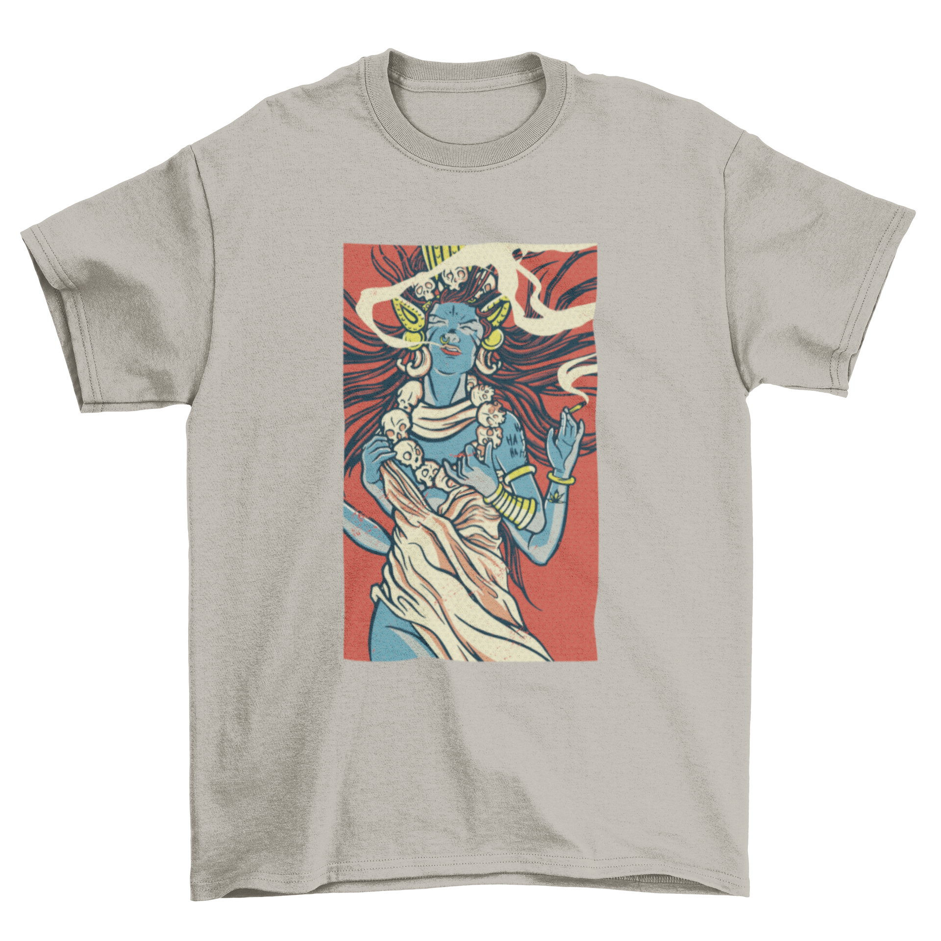 A vibrant T-shirt featuring an artistic illustration of the Hindu Goddess Kali, showcasing her fierce and protective nature.