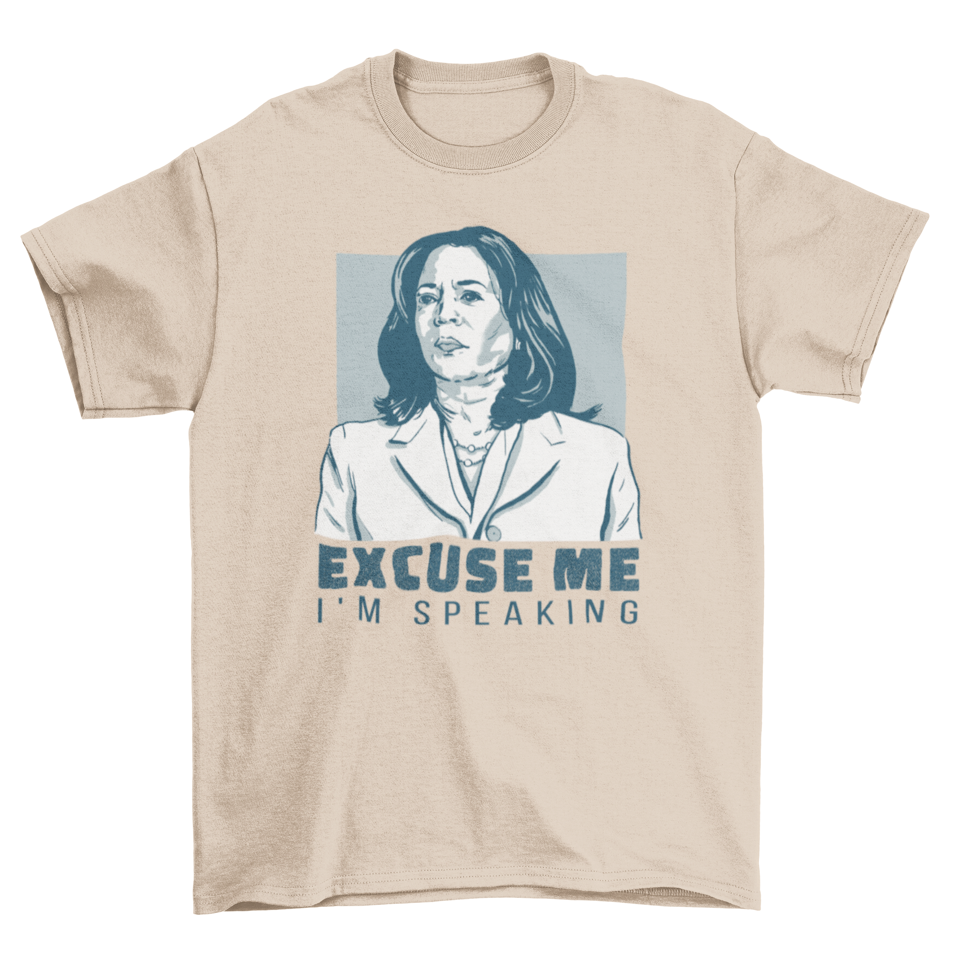 Kamala Harris quote t-shirt featuring her image and the quote 'Excuse me, I'm speaking'.