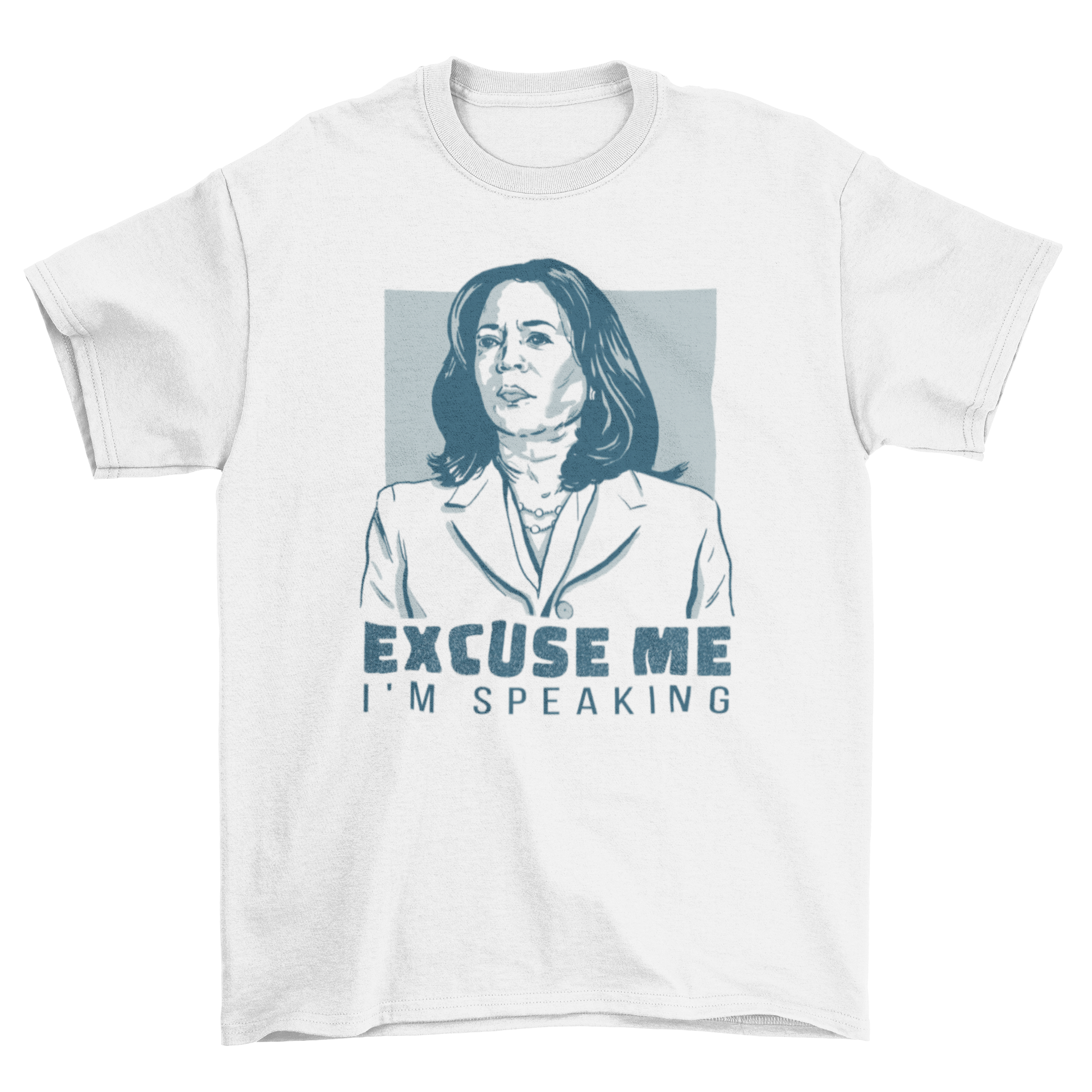 Kamala Harris quote t-shirt featuring her image and the quote 'Excuse me, I'm speaking'.