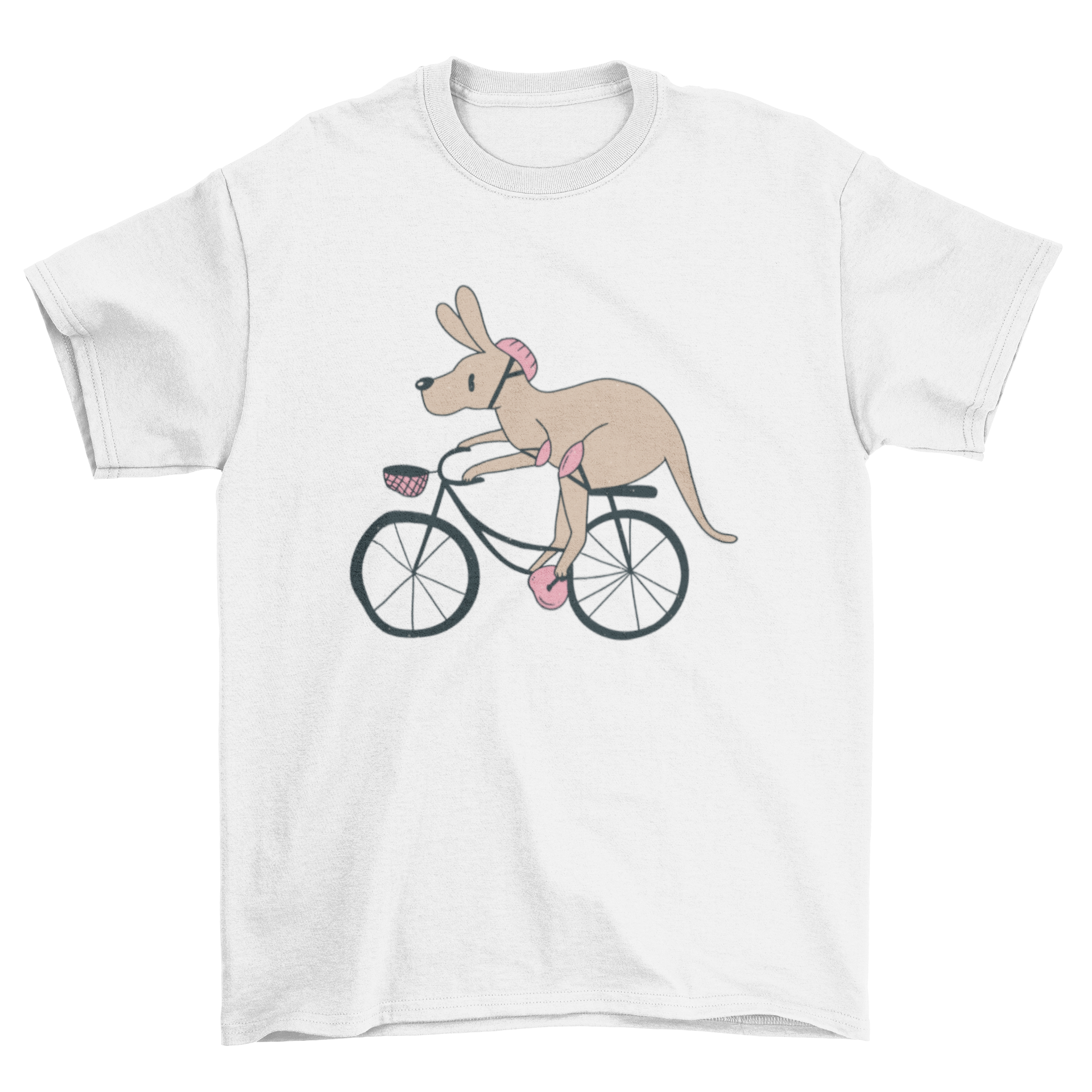 A playful T-shirt featuring a cute kangaroo riding a bike, showcasing vibrant colors and a fun design.