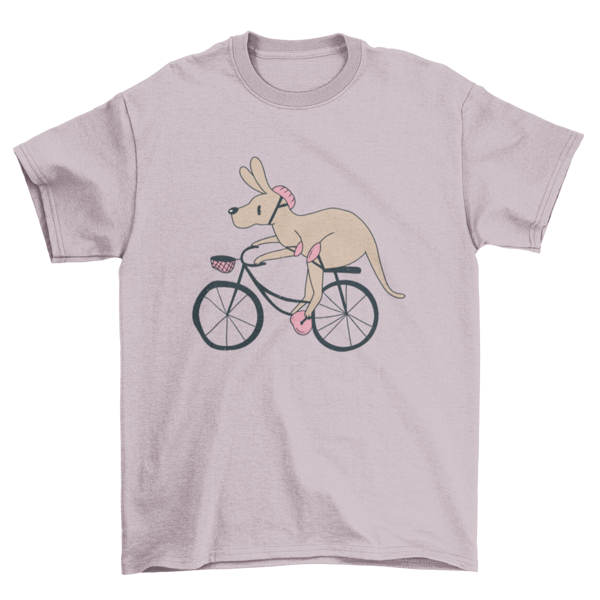 A playful T-shirt featuring a cute kangaroo riding a bike, showcasing vibrant colors and a fun design.