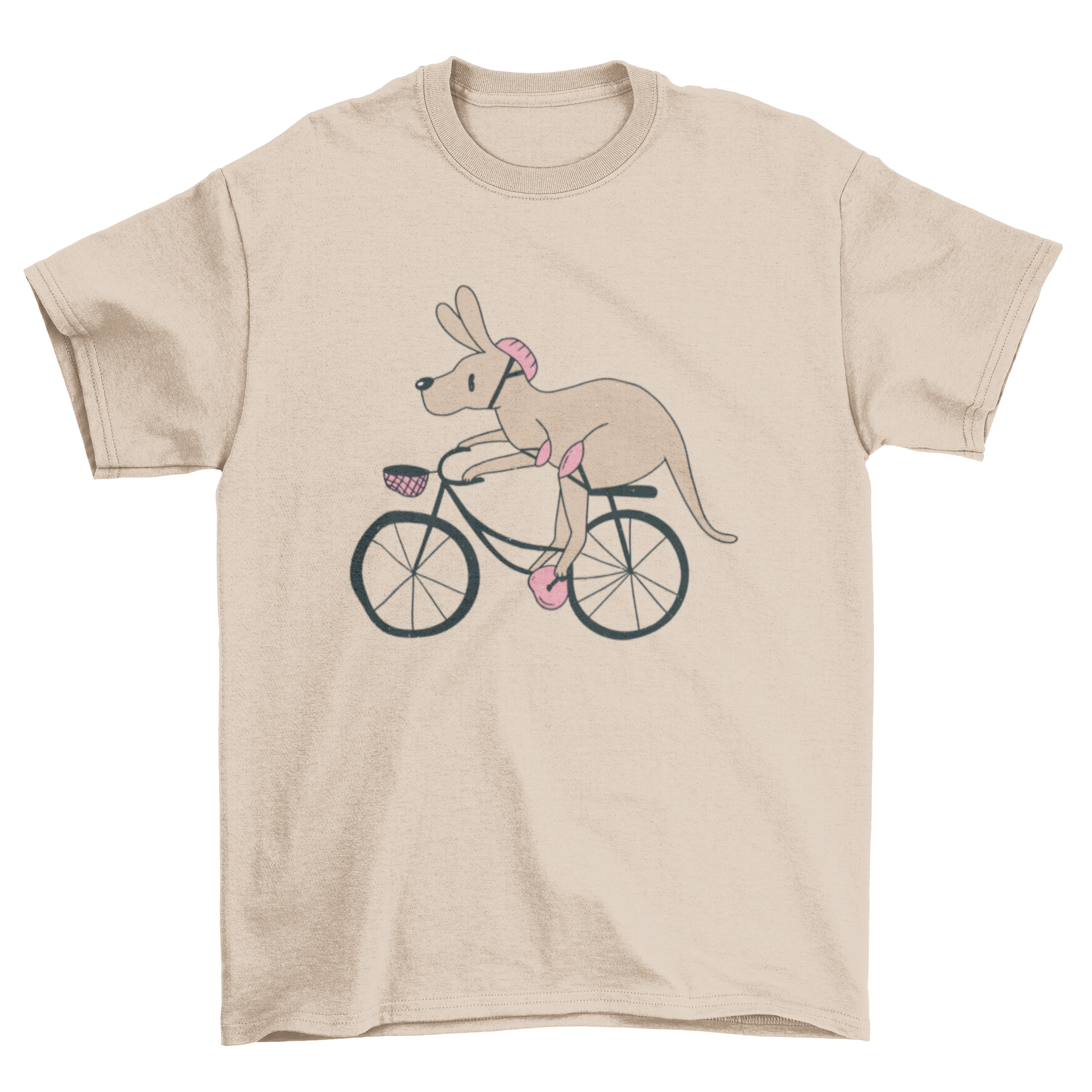 A playful T-shirt featuring a cute kangaroo riding a bike, showcasing vibrant colors and a fun design.