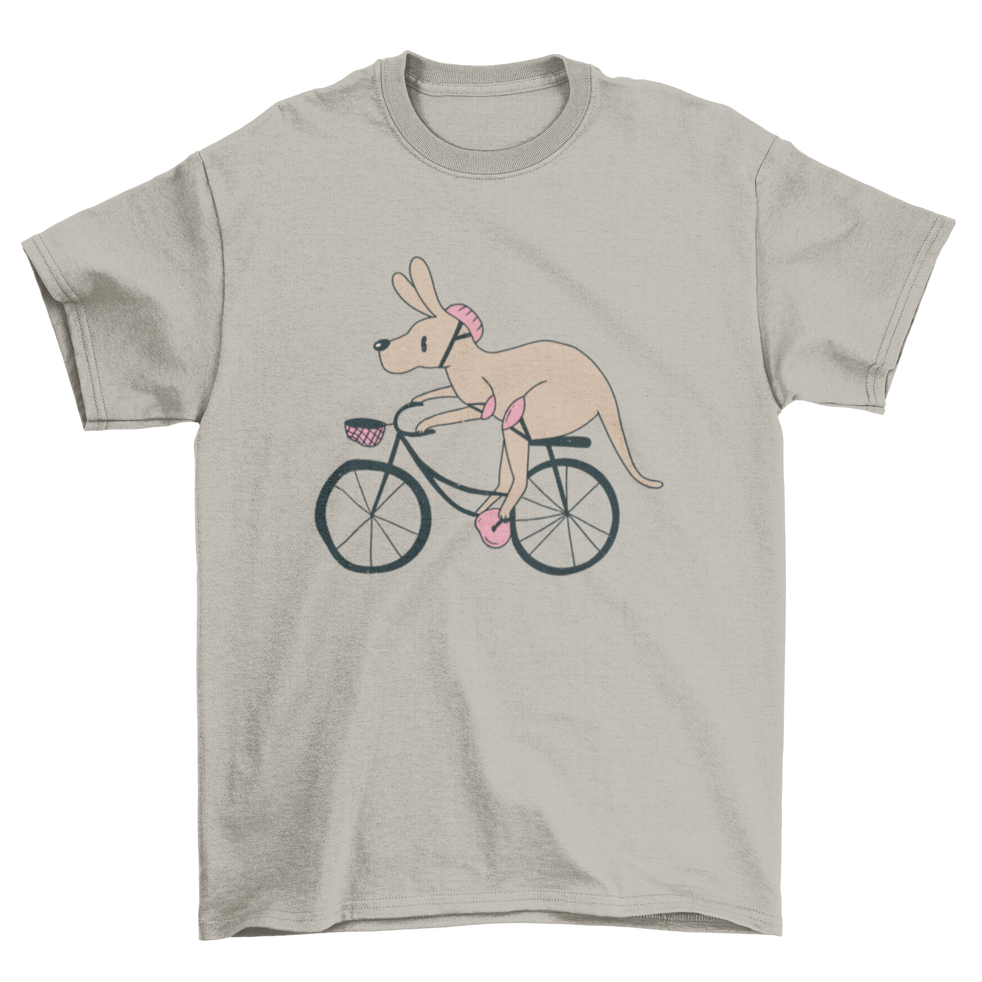 A playful T-shirt featuring a cute kangaroo riding a bike, showcasing vibrant colors and a fun design.