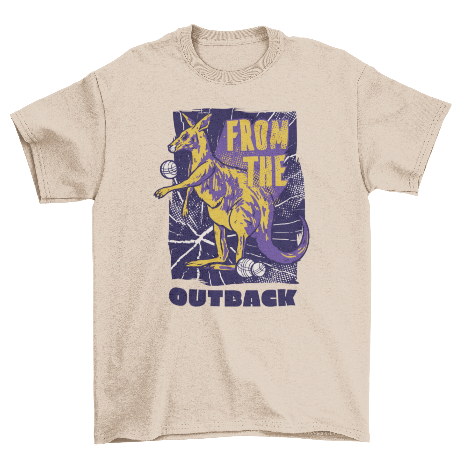 Kangaroo Volley T-Shirt featuring a kangaroo playing volleyball with the quote 'From the outback'.