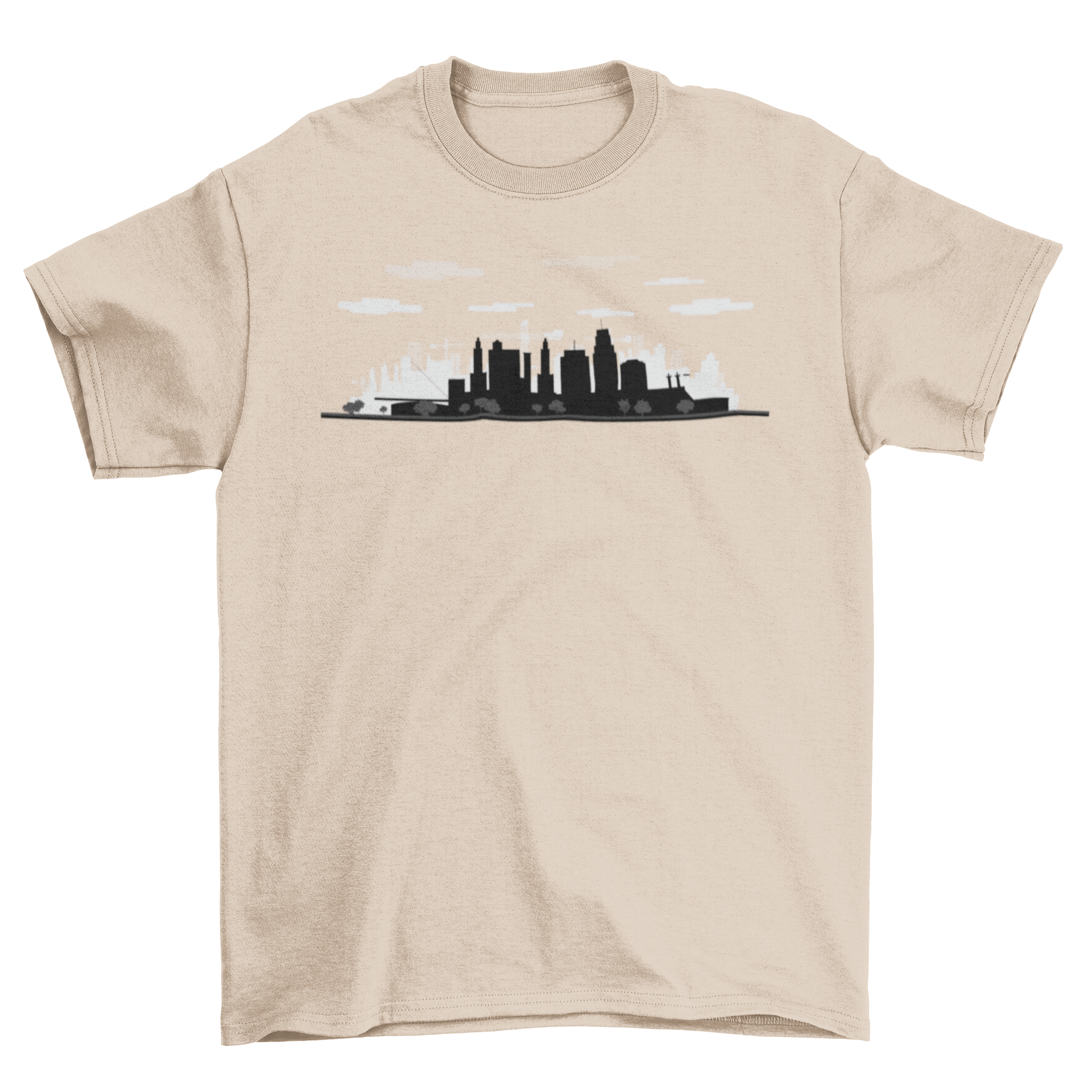 Kansas skyline t-shirt featuring a silhouette design of the Kansas skyline, perfect for casual wear.