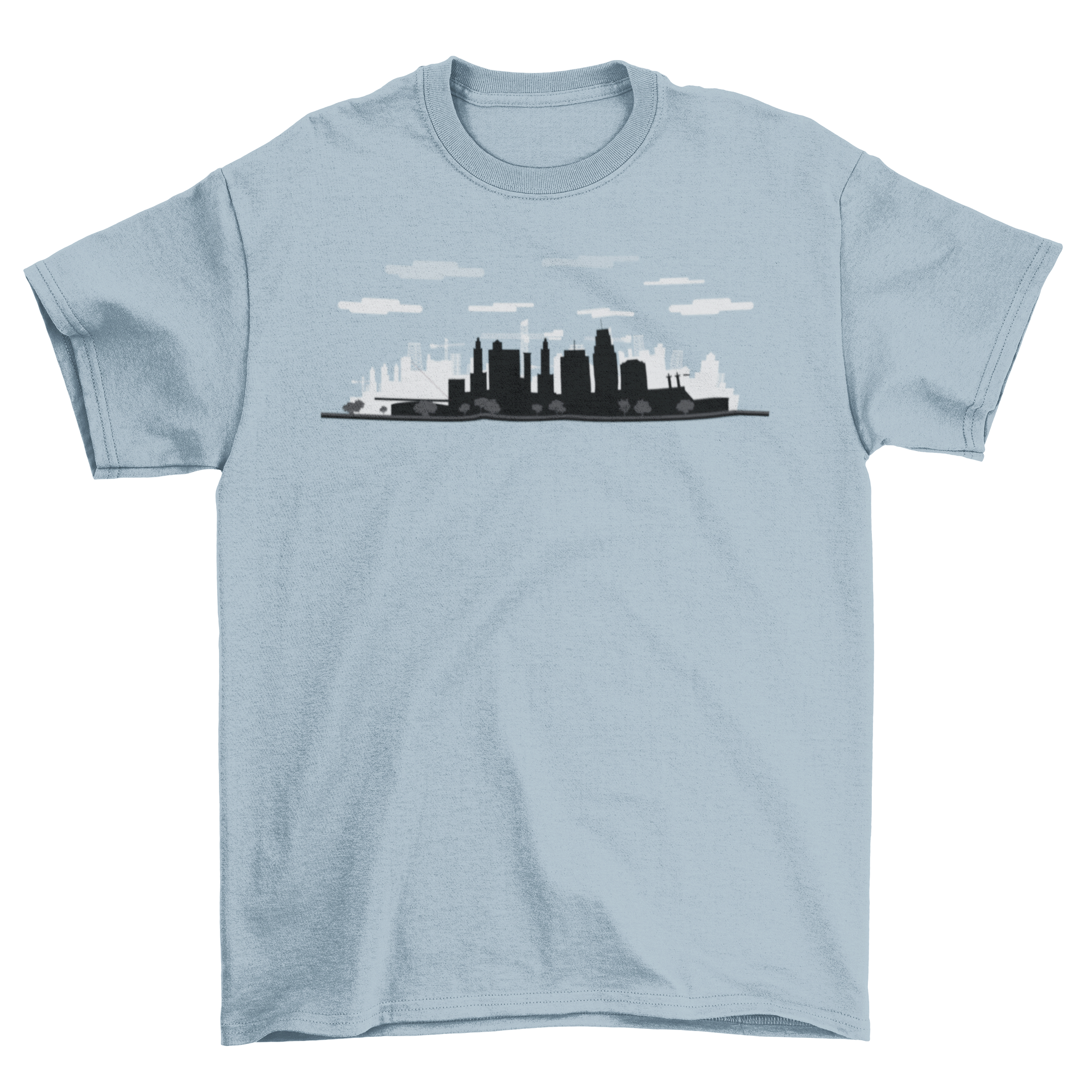 Kansas skyline t-shirt featuring a silhouette design of the Kansas skyline, perfect for casual wear.