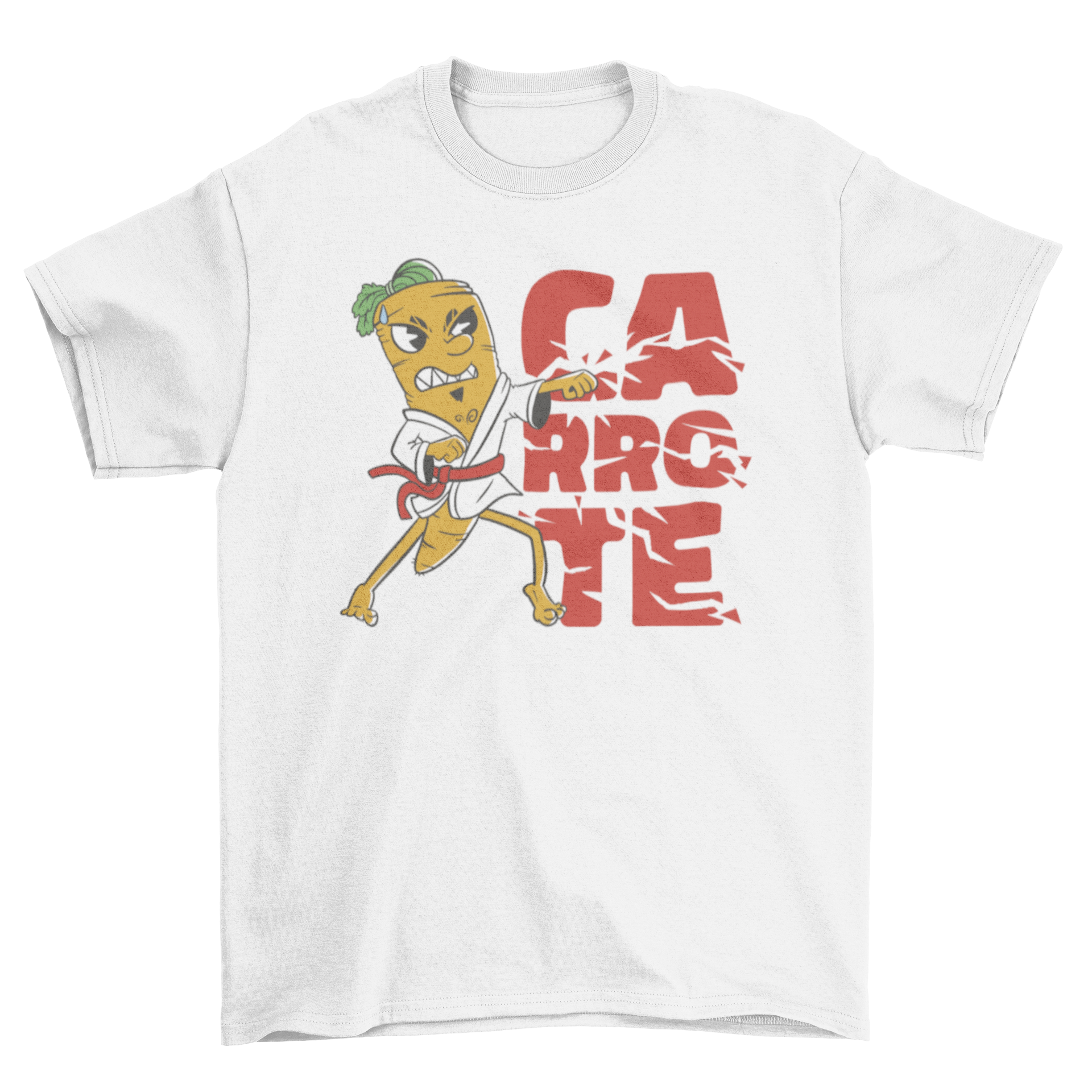 A vibrant t-shirt featuring a cartoon carrot performing karate with the quote 'Carrote'.