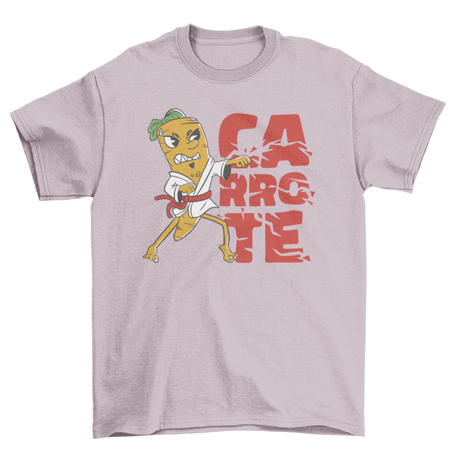 A vibrant t-shirt featuring a cartoon carrot performing karate with the quote 'Carrote'.