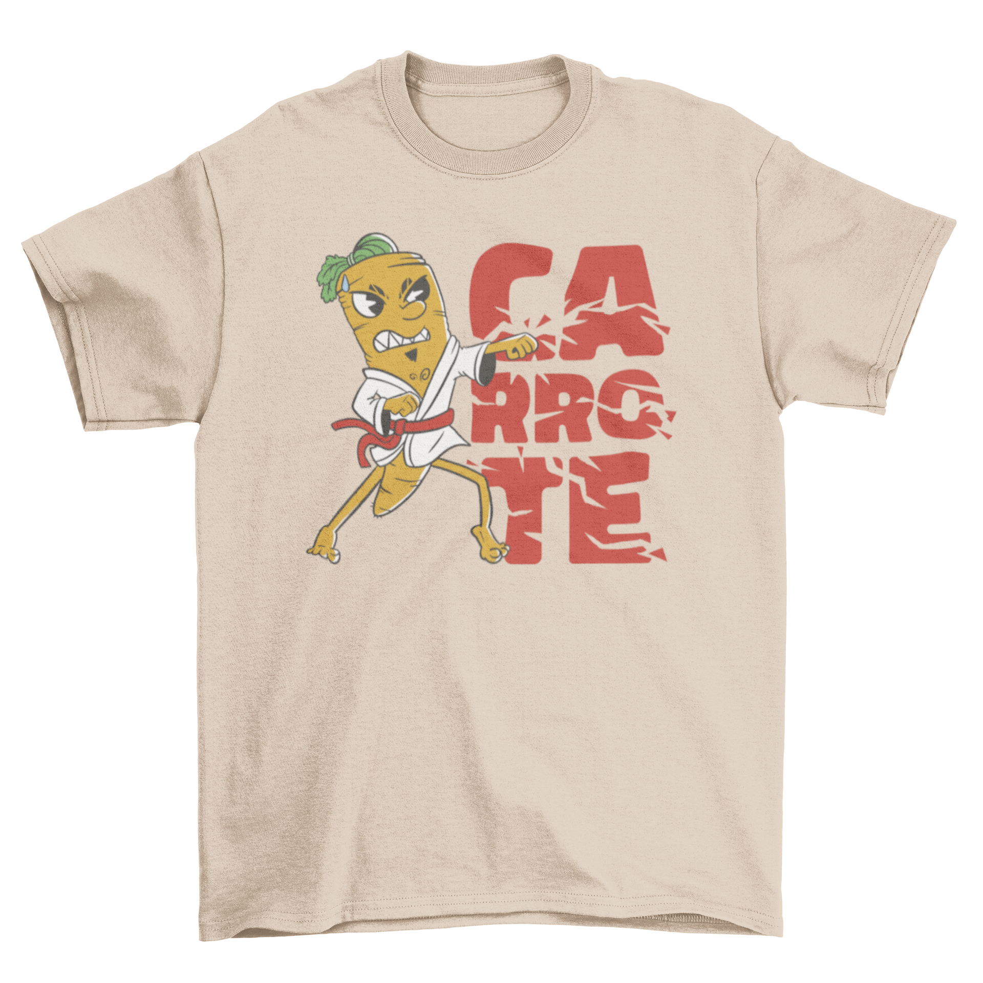 A vibrant t-shirt featuring a cartoon carrot performing karate with the quote 'Carrote'.