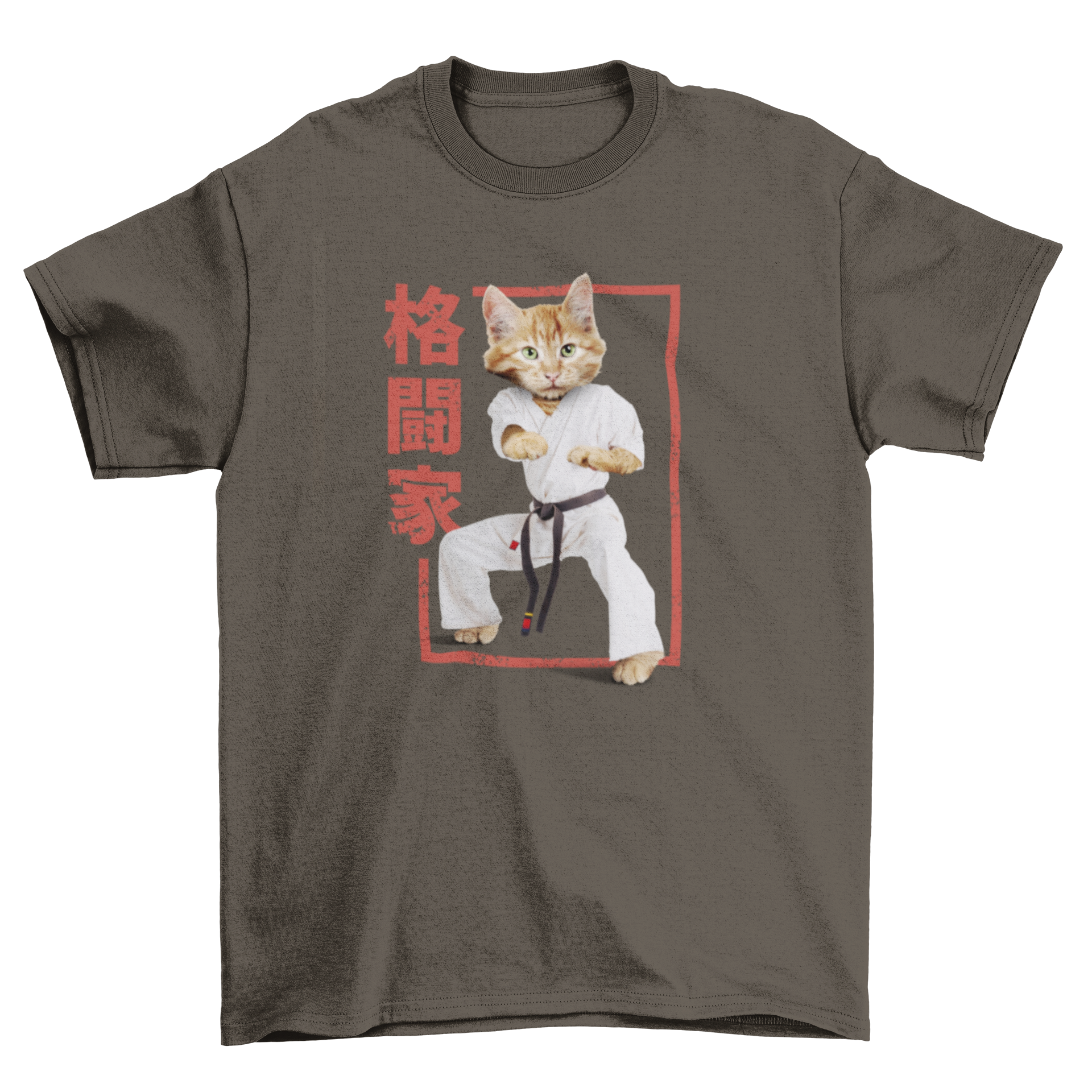 A vibrant t-shirt featuring a karate cat design with Japanese elements in the background, showcasing a playful and artistic style.