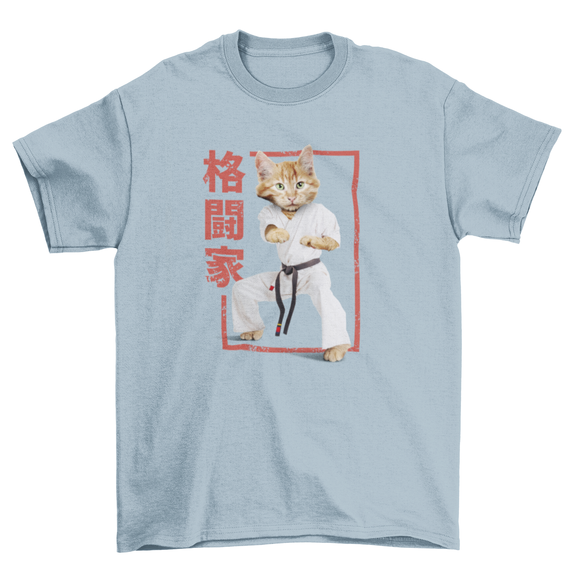 A vibrant t-shirt featuring a karate cat design with Japanese elements in the background, showcasing a playful and artistic style.