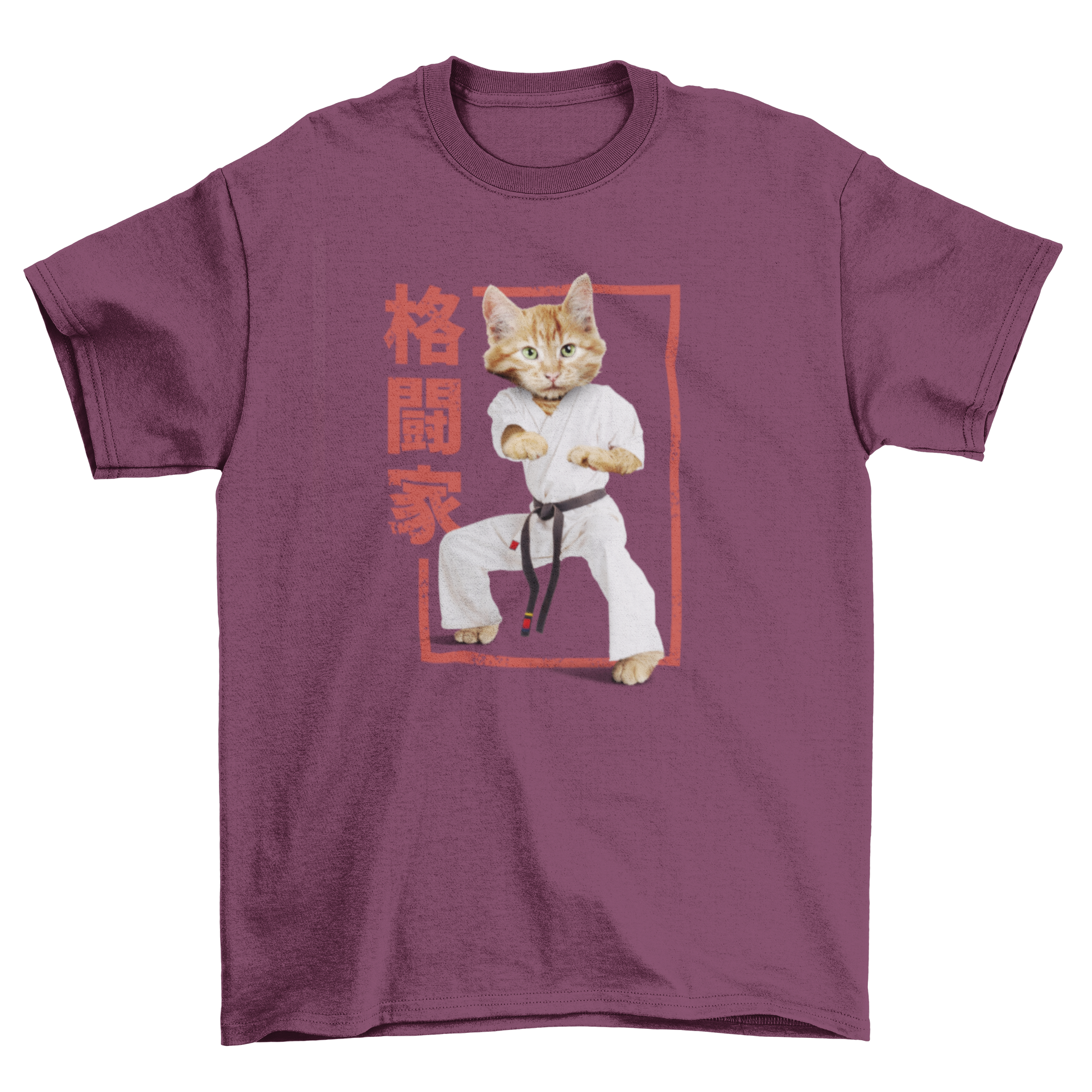 A vibrant t-shirt featuring a karate cat design with Japanese elements in the background, showcasing a playful and artistic style.