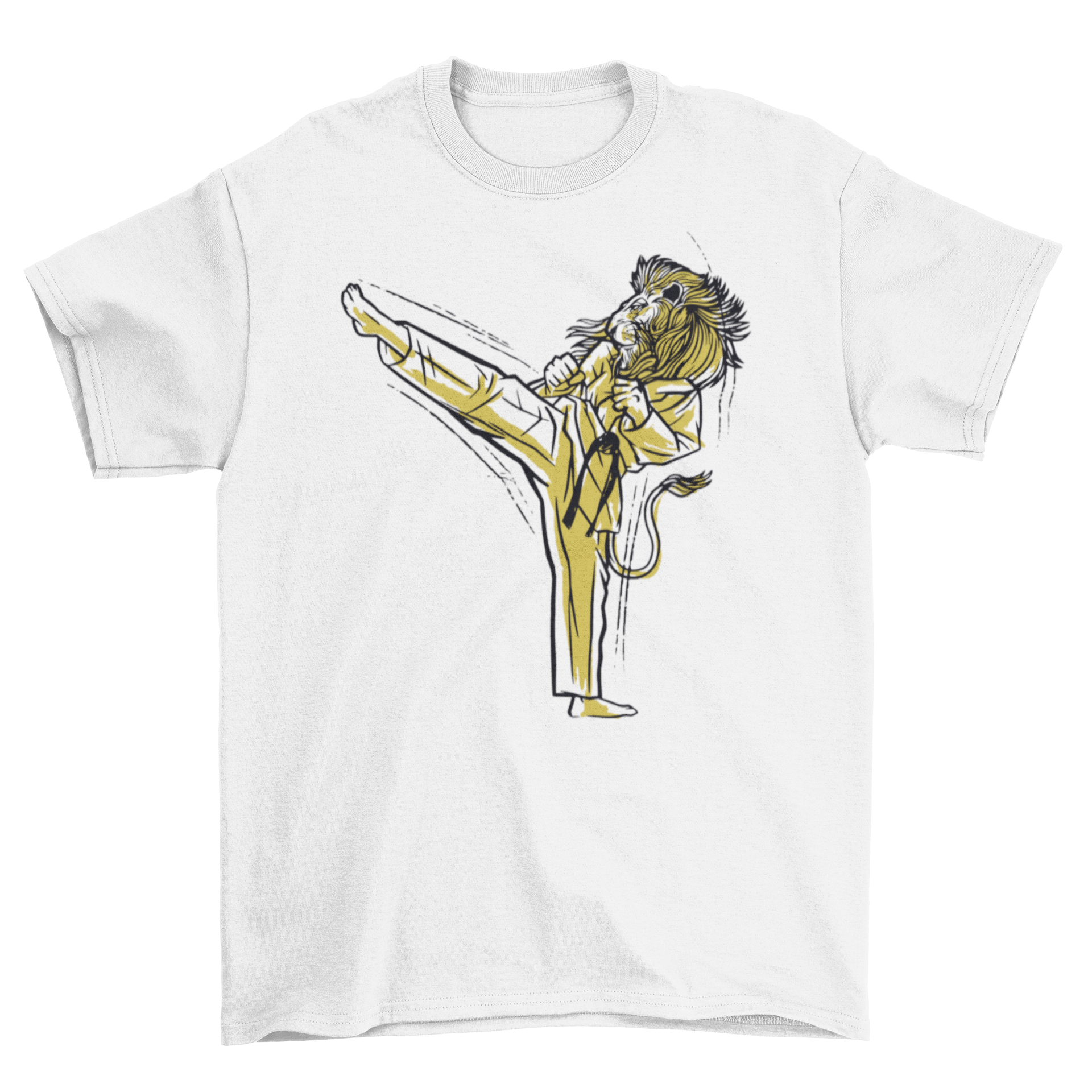 A vibrant t-shirt featuring a lion in a karate robe performing a kick, showcasing a unique martial arts design.