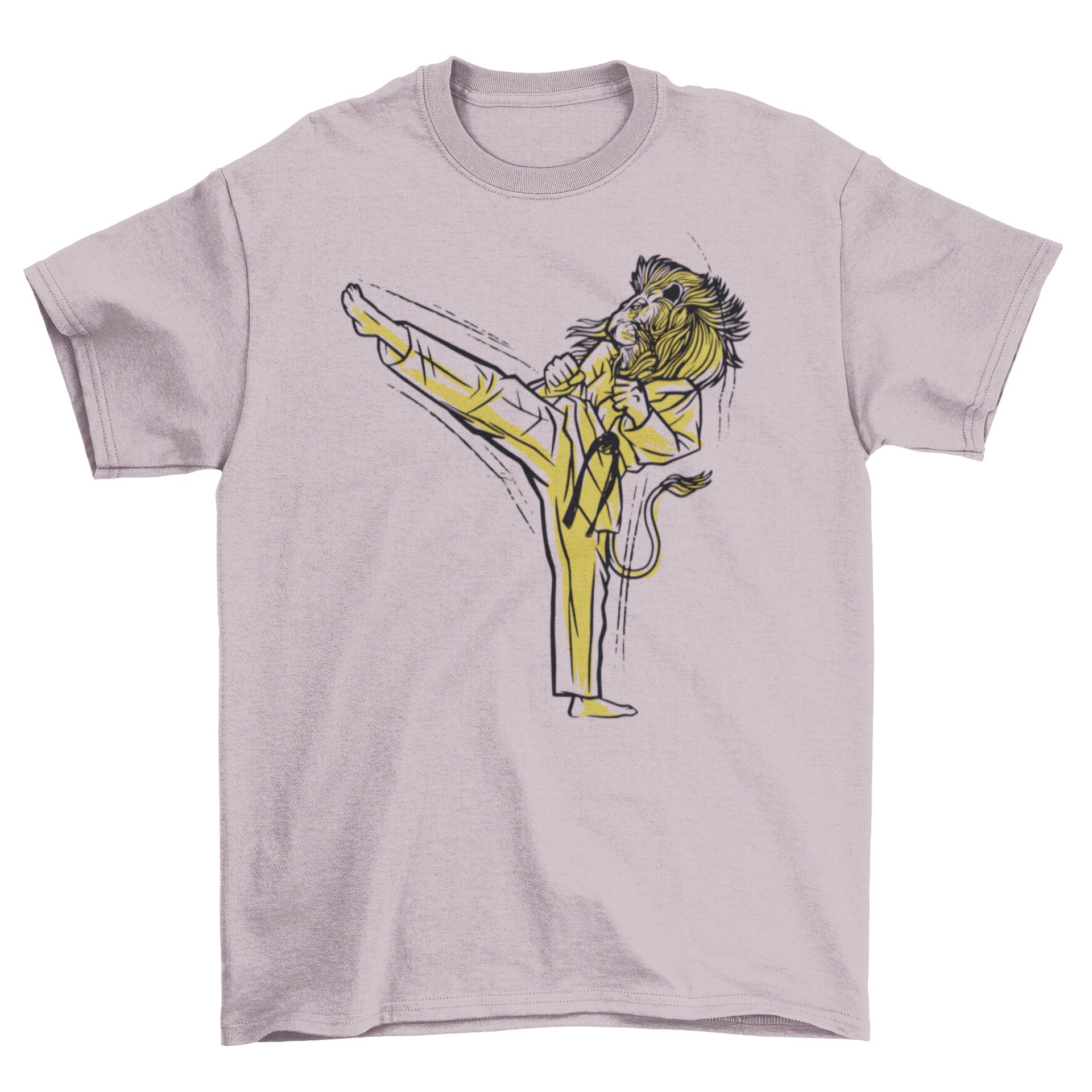 A vibrant t-shirt featuring a lion in a karate robe performing a kick, showcasing a unique martial arts design.