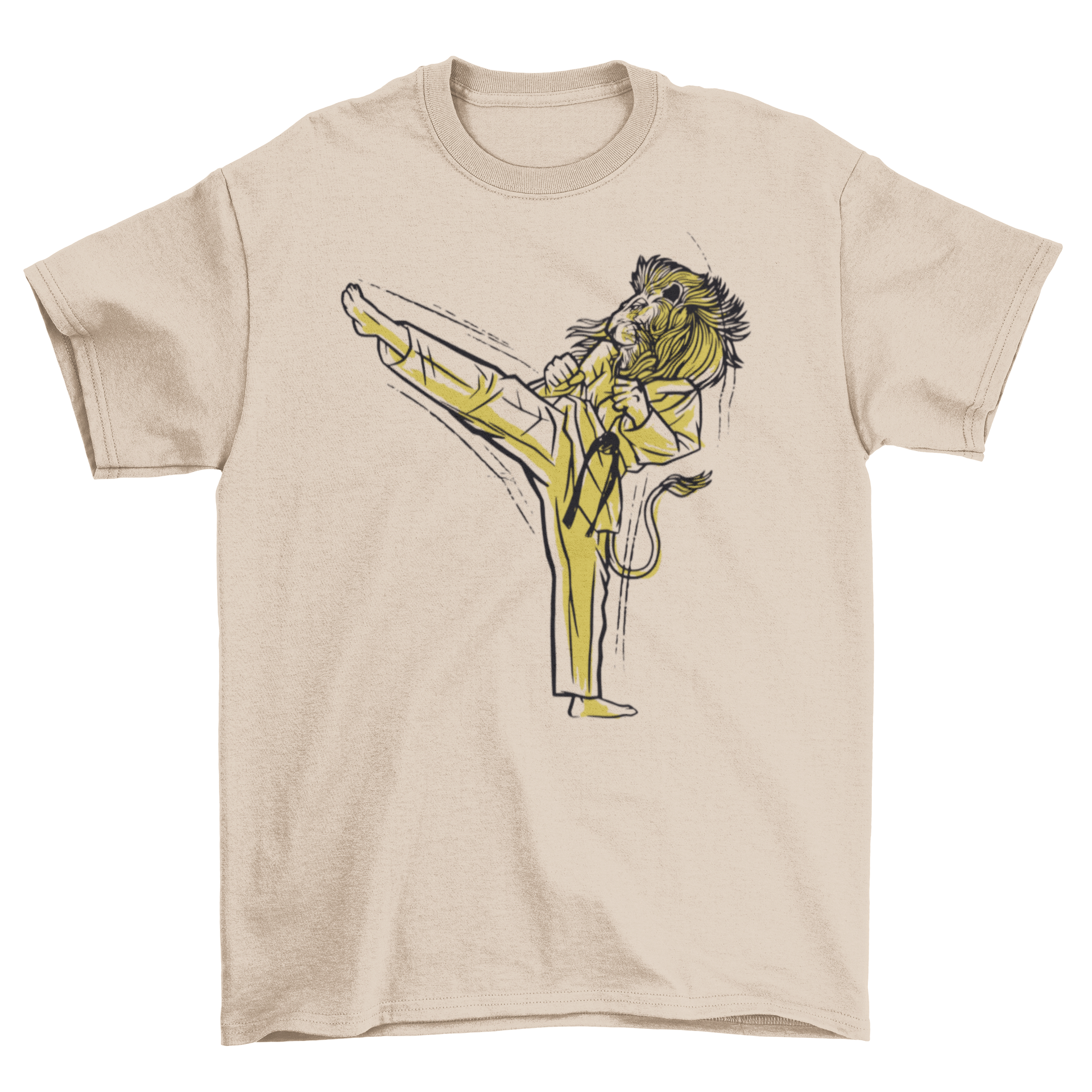 A vibrant t-shirt featuring a lion in a karate robe performing a kick, showcasing a unique martial arts design.