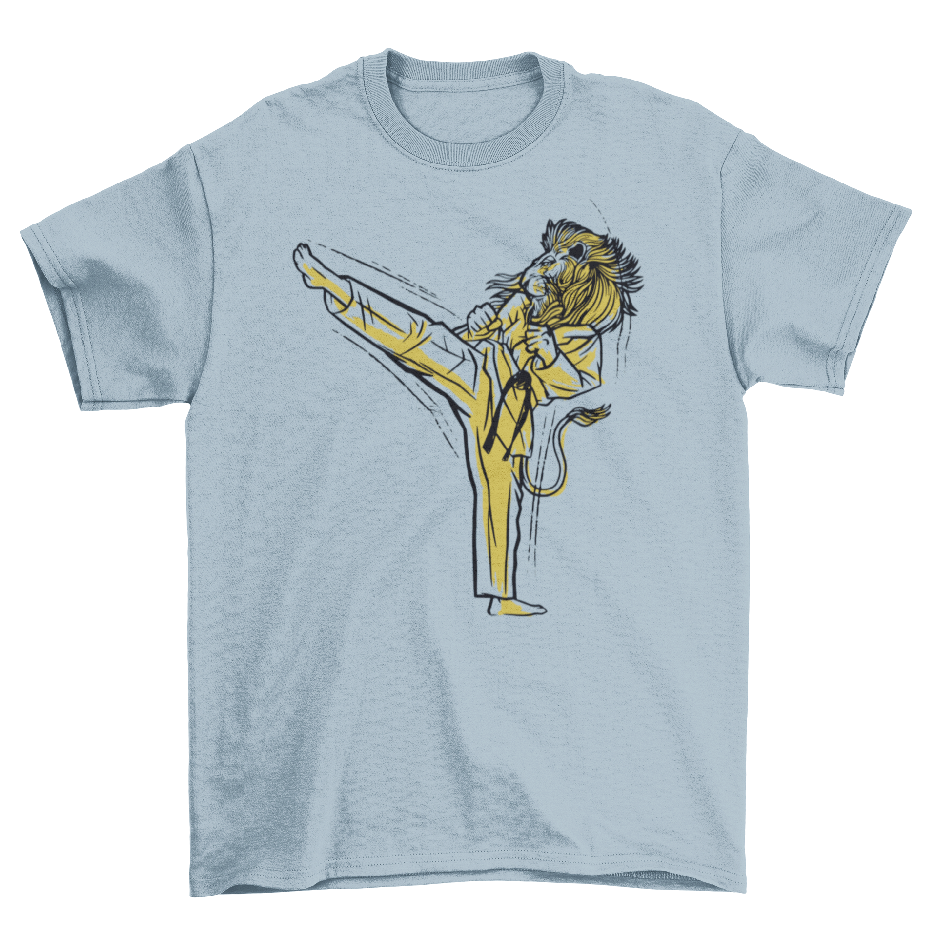 A vibrant t-shirt featuring a lion in a karate robe performing a kick, showcasing a unique martial arts design.