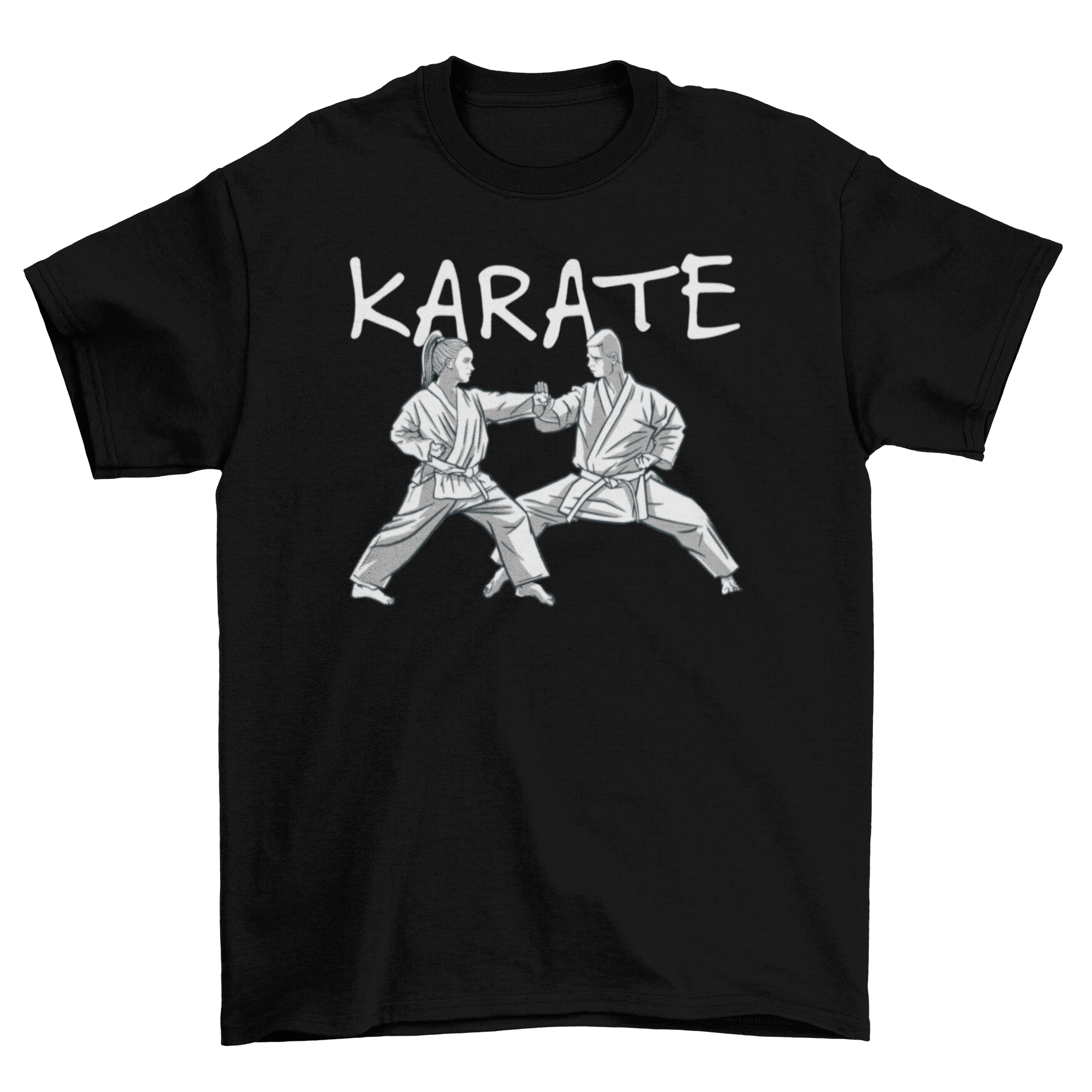 A stylish Karate t-shirt featuring two martial artists practicing under the word 'Karate'.