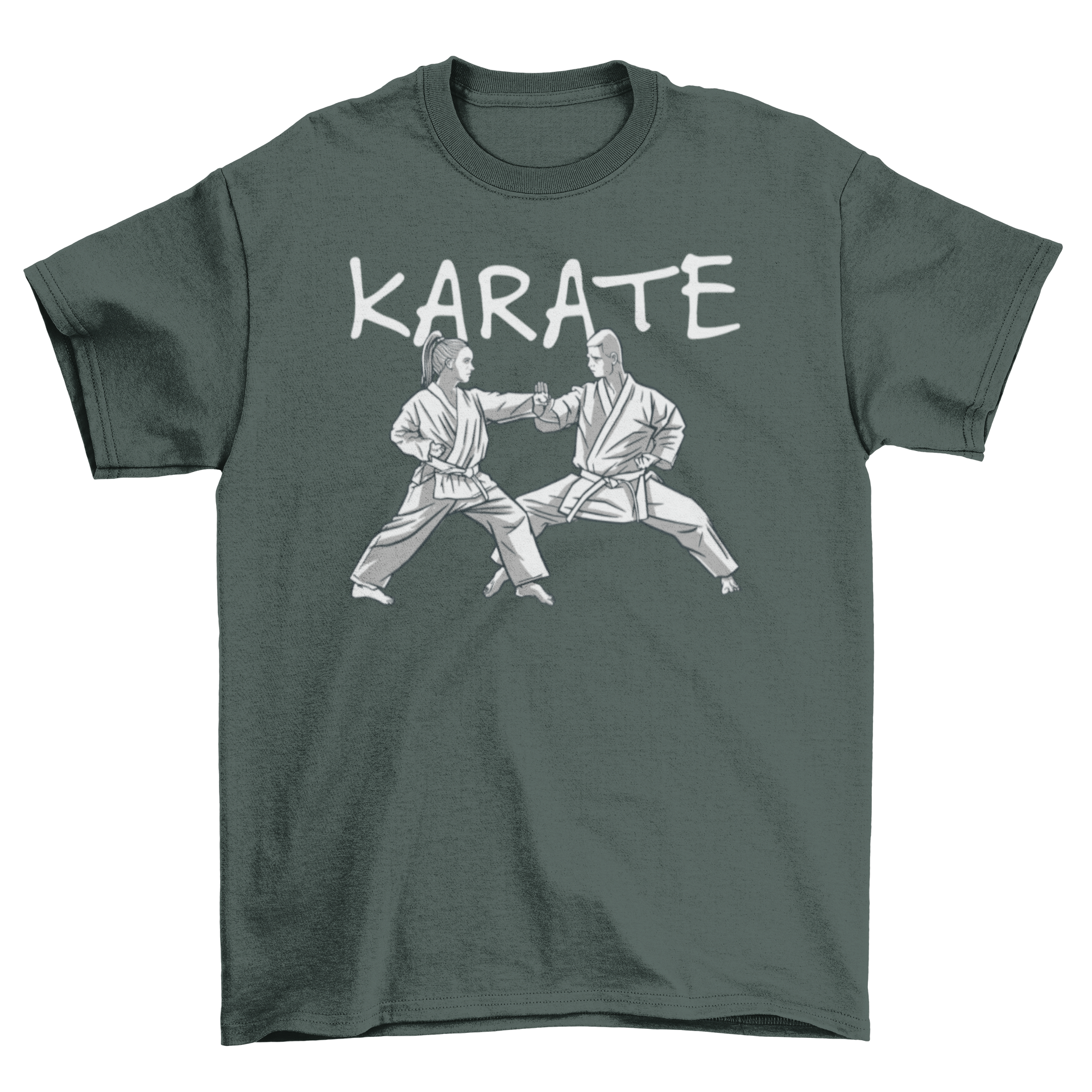 A stylish Karate t-shirt featuring two martial artists practicing under the word 'Karate'.