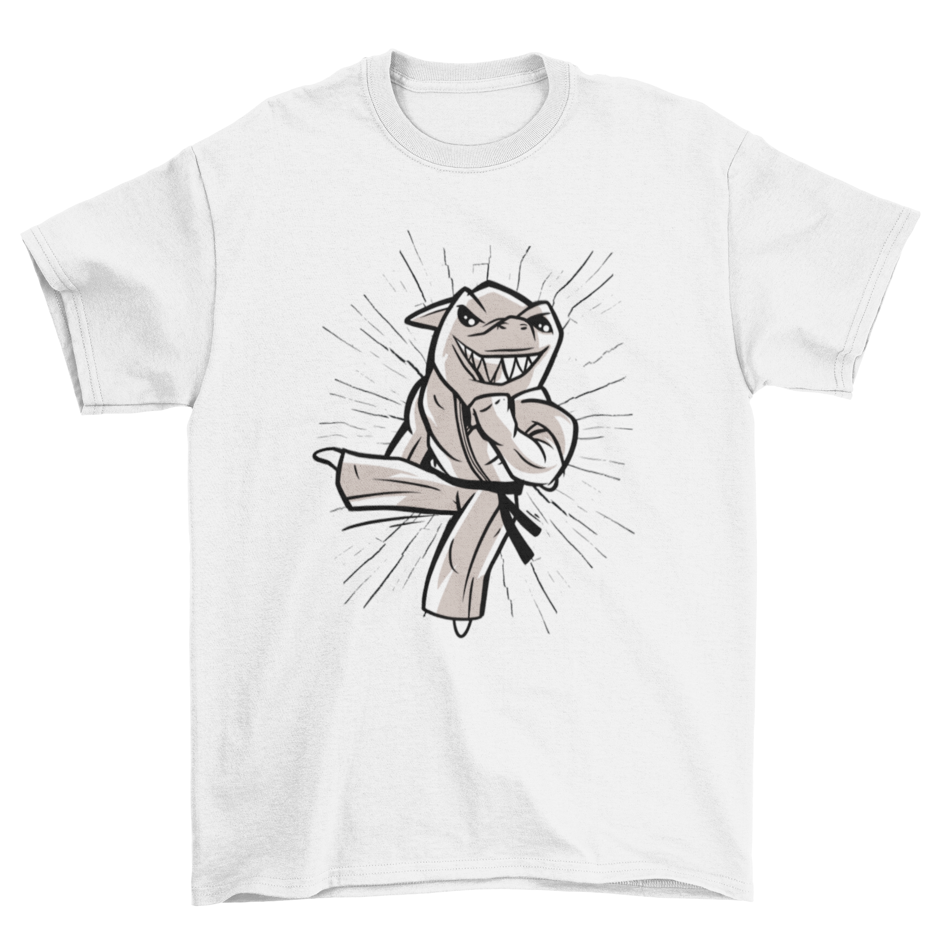 A cartoon t-shirt featuring a shark performing karate moves, showcasing a fun and vibrant design.