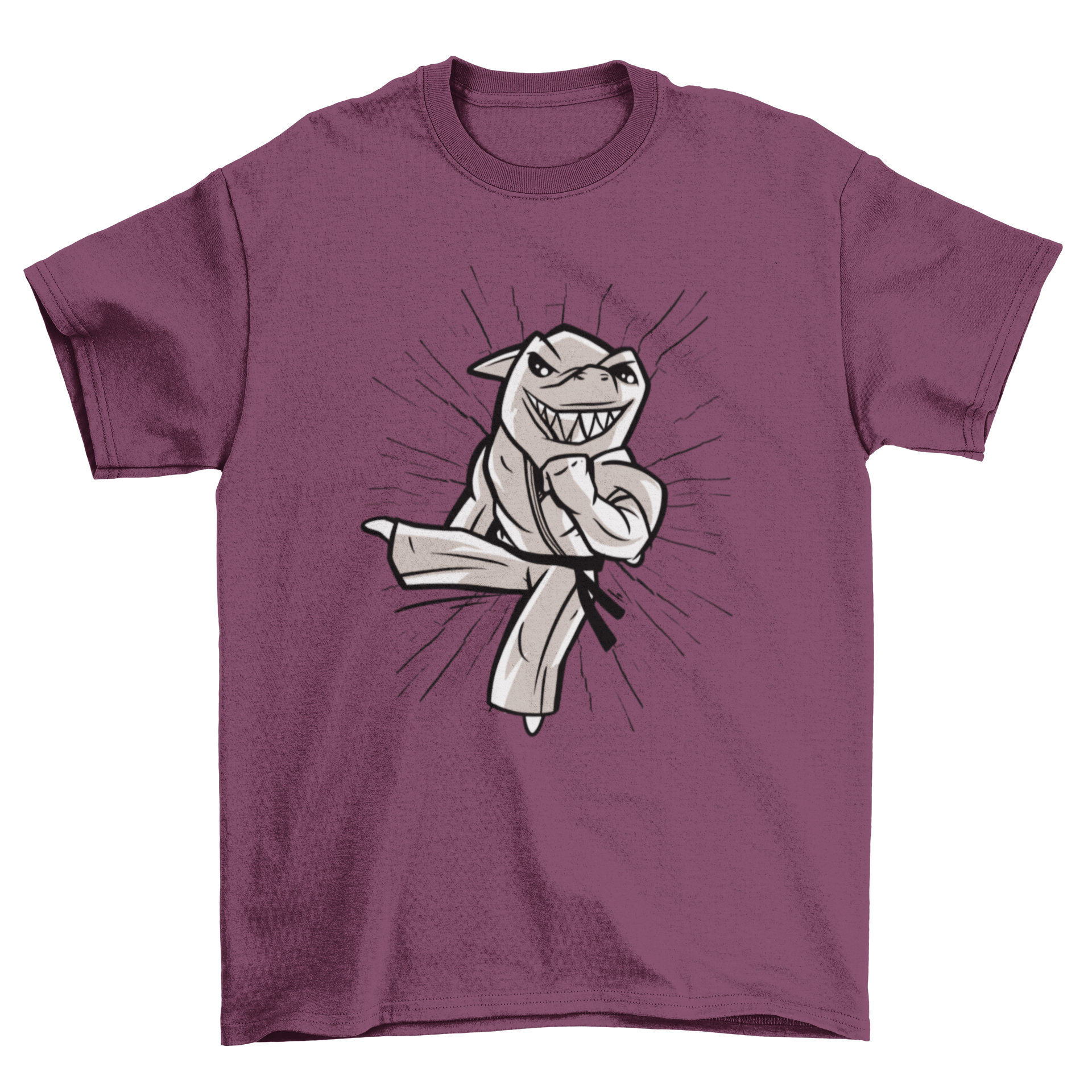 A cartoon t-shirt featuring a shark performing karate moves, showcasing a fun and vibrant design.