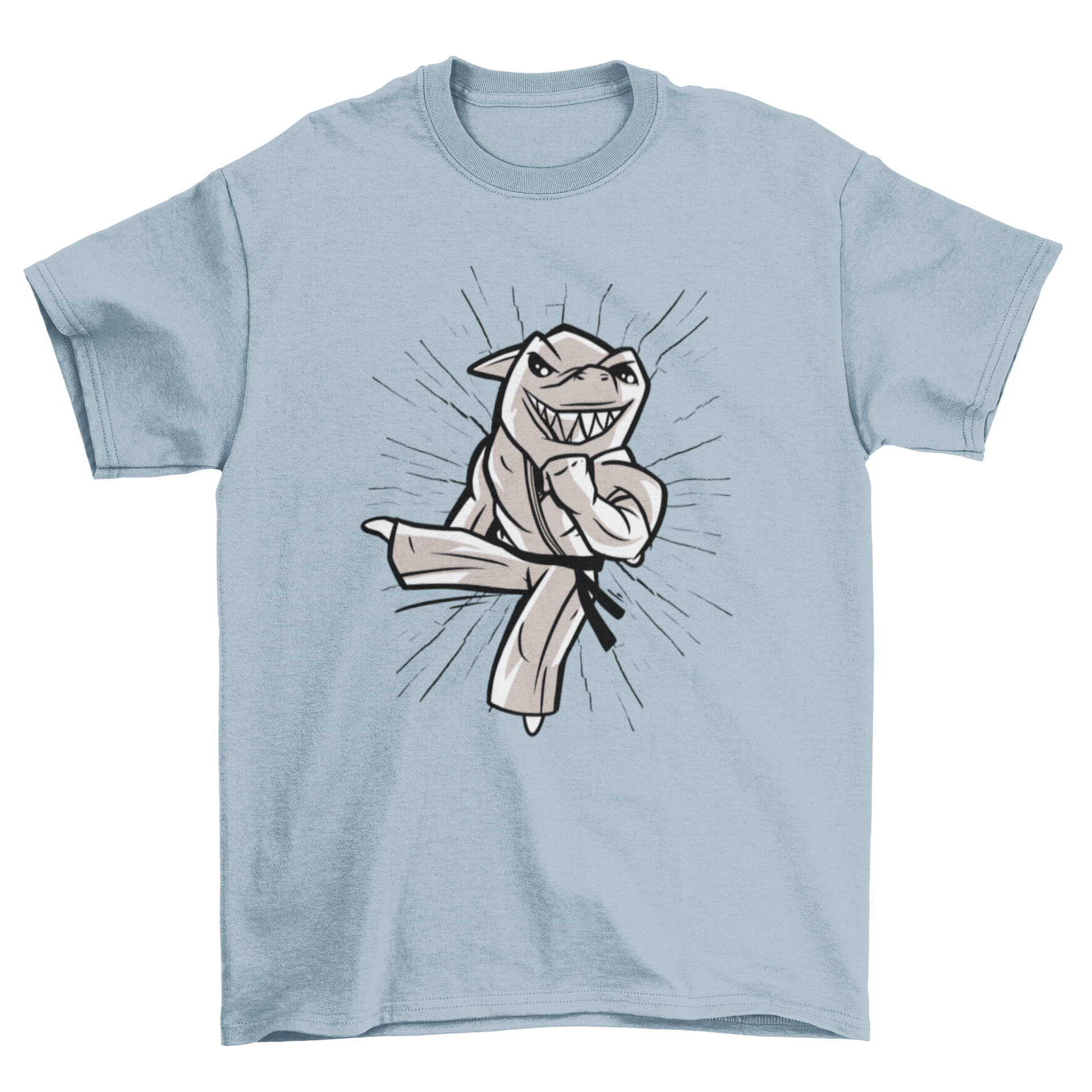 A cartoon t-shirt featuring a shark performing karate moves, showcasing a fun and vibrant design.