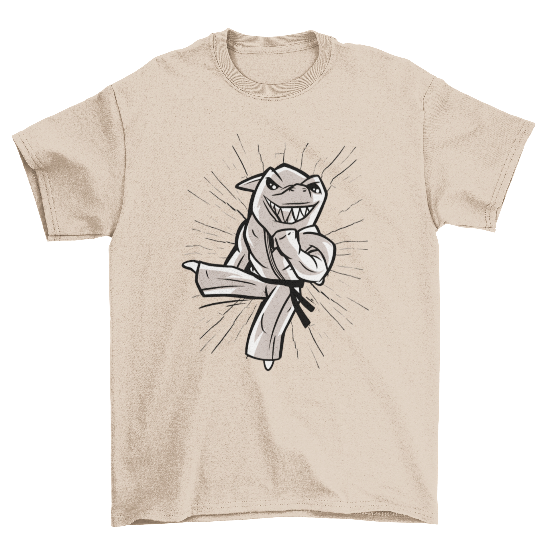 A cartoon t-shirt featuring a shark performing karate moves, showcasing a fun and vibrant design.