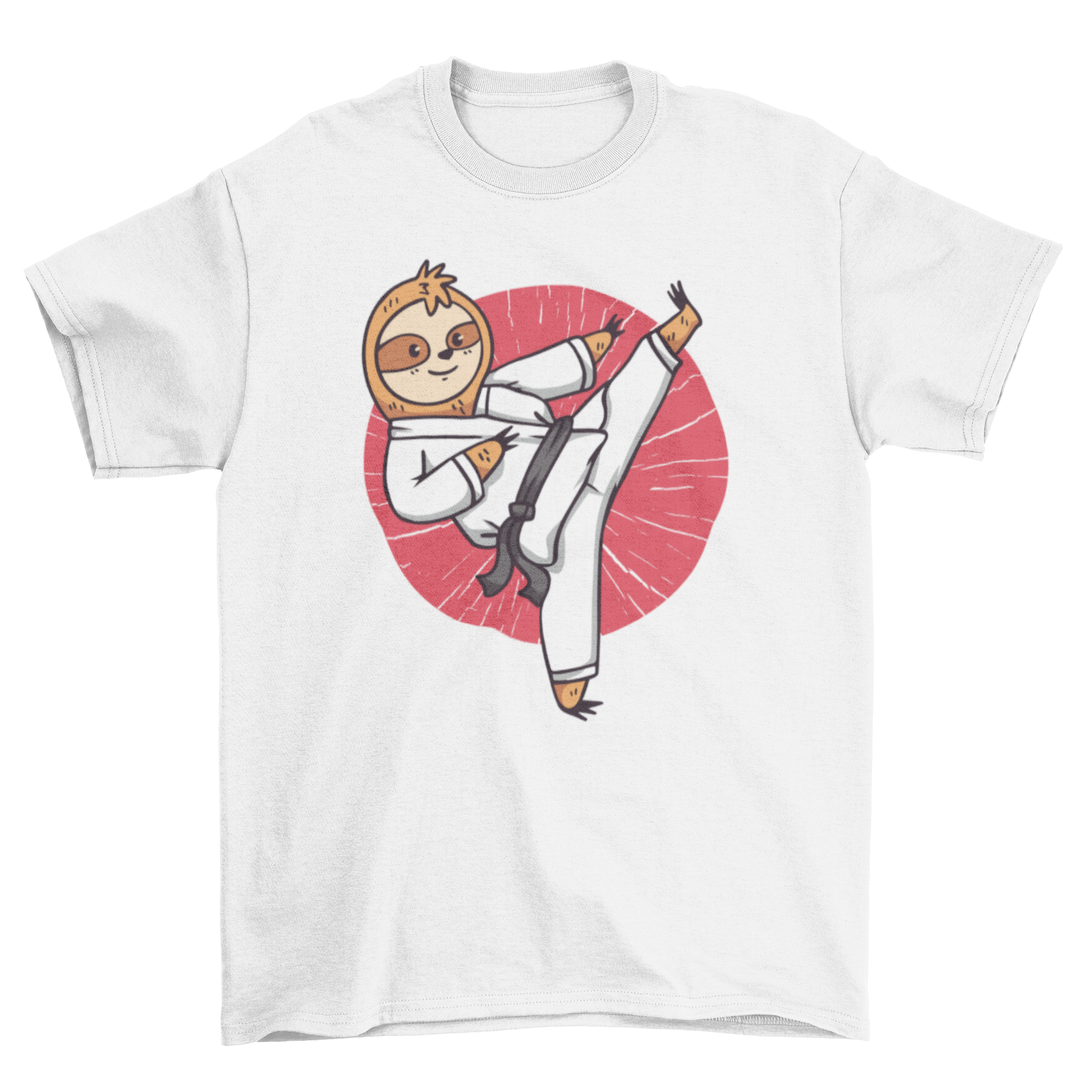 A fun cartoon t-shirt featuring a sloth performing karate moves, showcasing a playful and unique design.