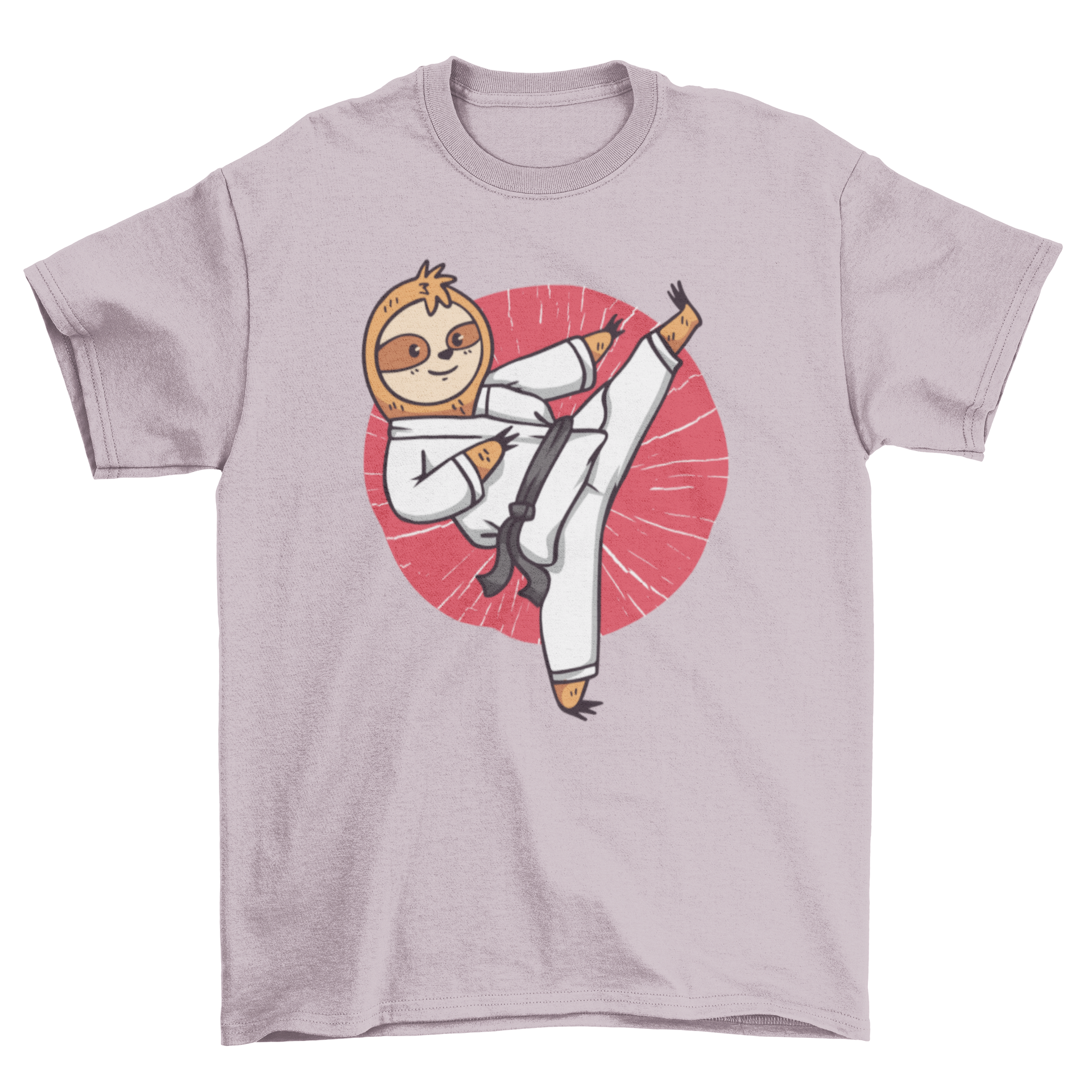 A fun cartoon t-shirt featuring a sloth performing karate moves, showcasing a playful and unique design.