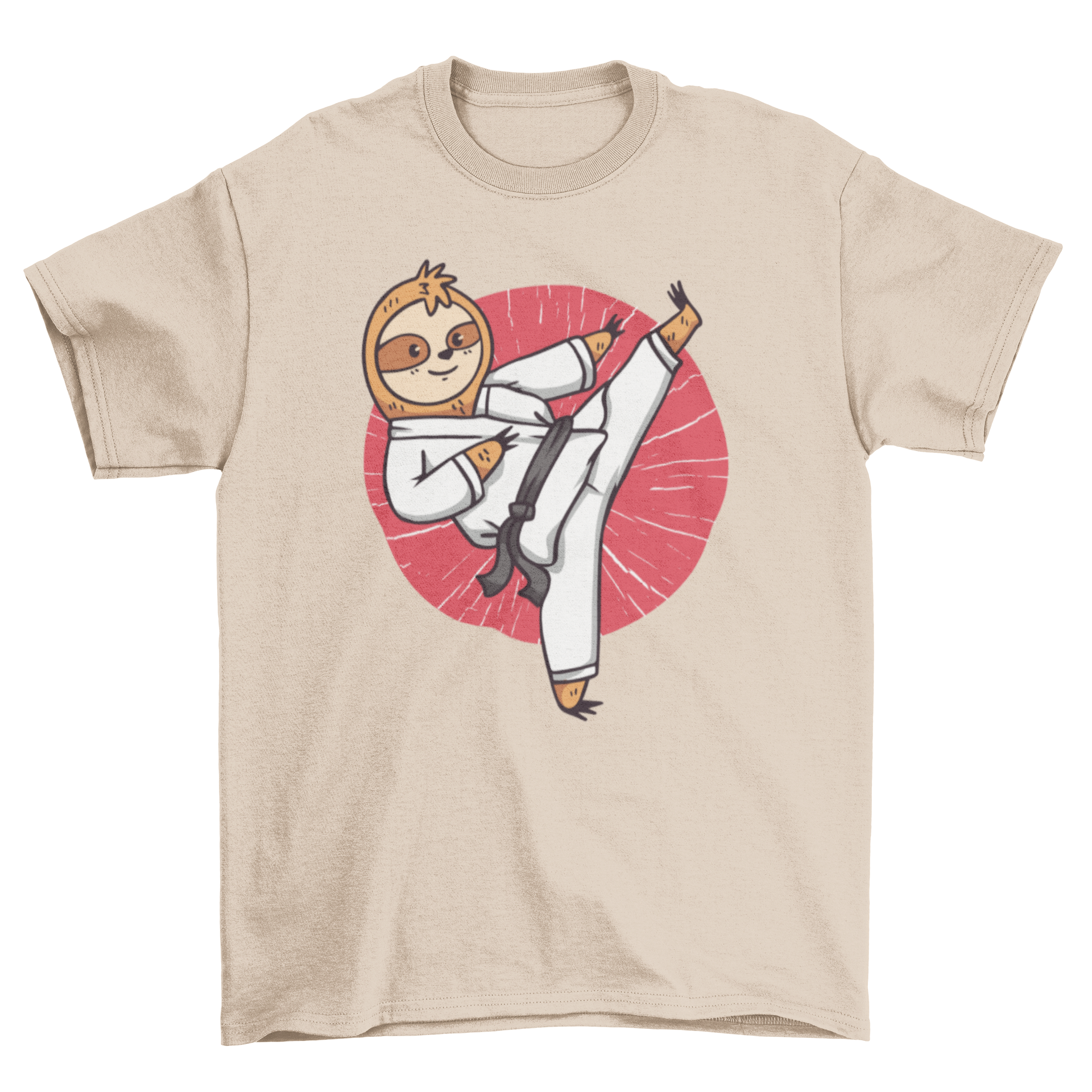 A fun cartoon t-shirt featuring a sloth performing karate moves, showcasing a playful and unique design.