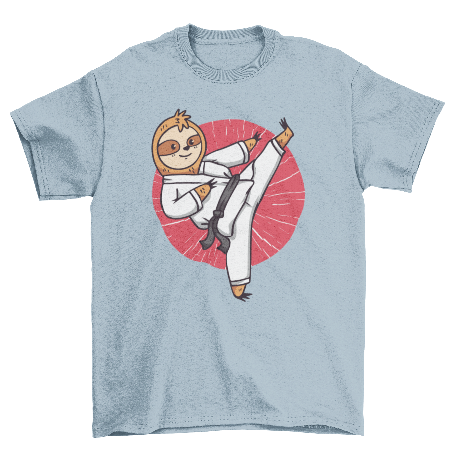 A fun cartoon t-shirt featuring a sloth performing karate moves, showcasing a playful and unique design.