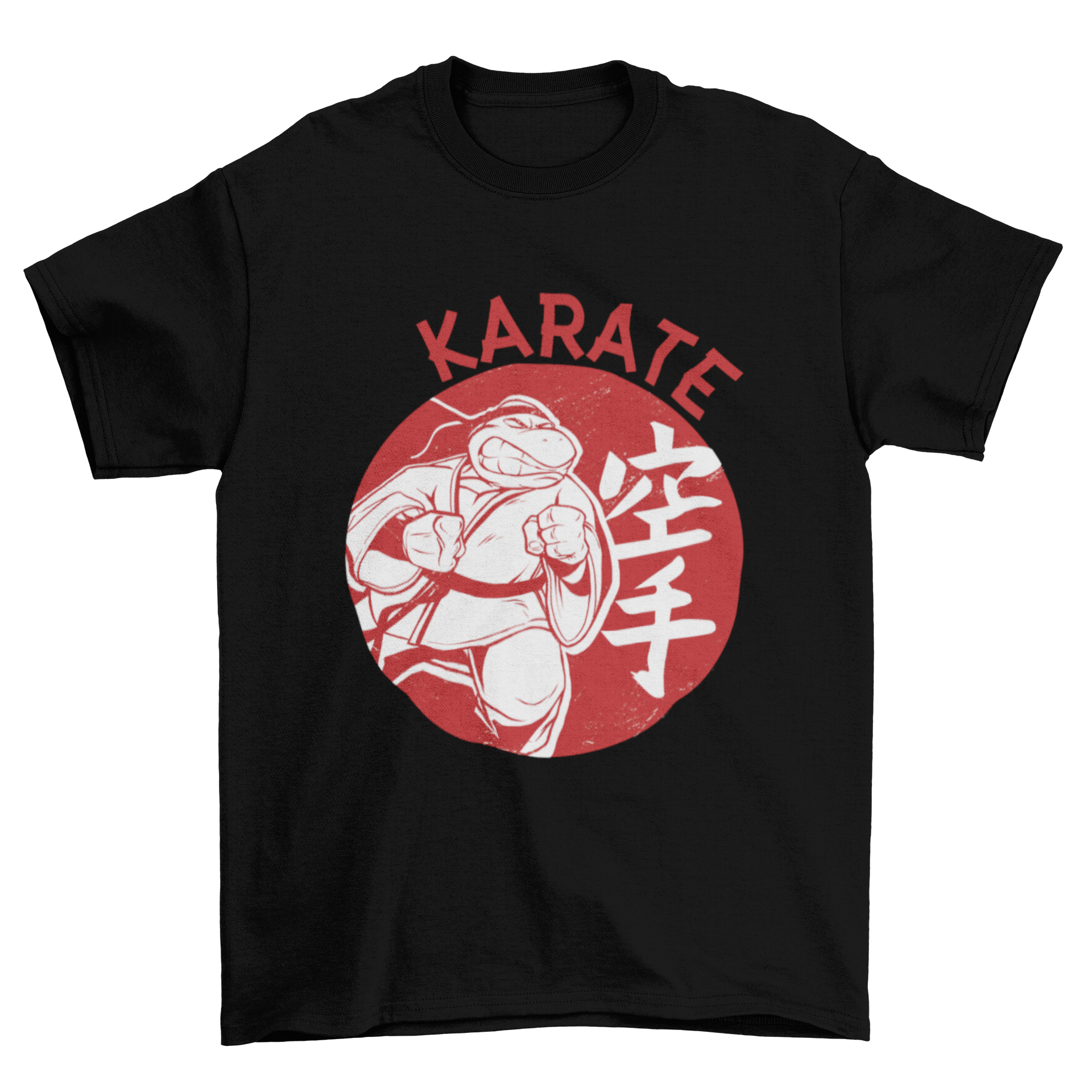 Graphic T-shirt featuring an anthropomorphic turtle in a karate gi with a fierce expression.