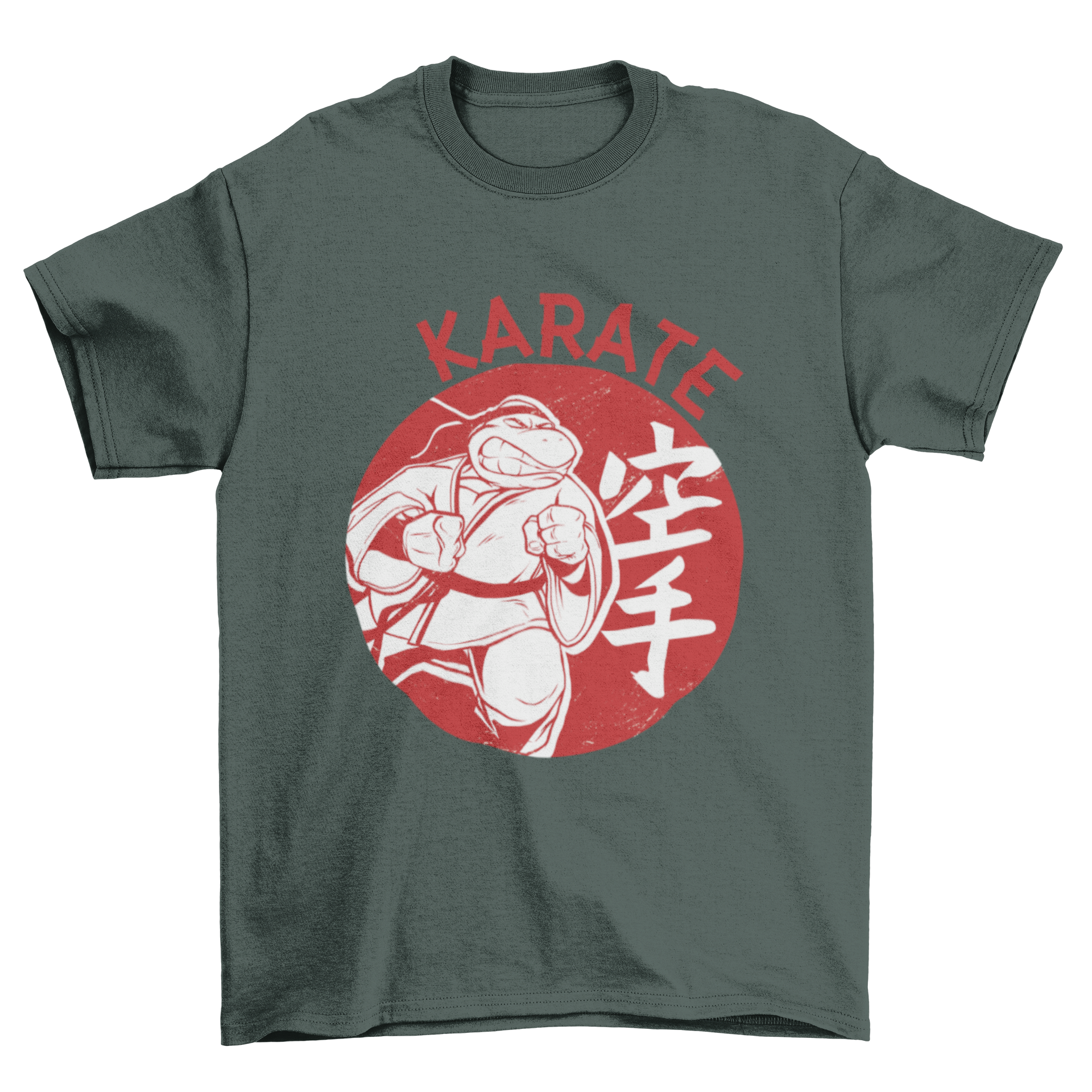 Graphic T-shirt featuring an anthropomorphic turtle in a karate gi with a fierce expression.