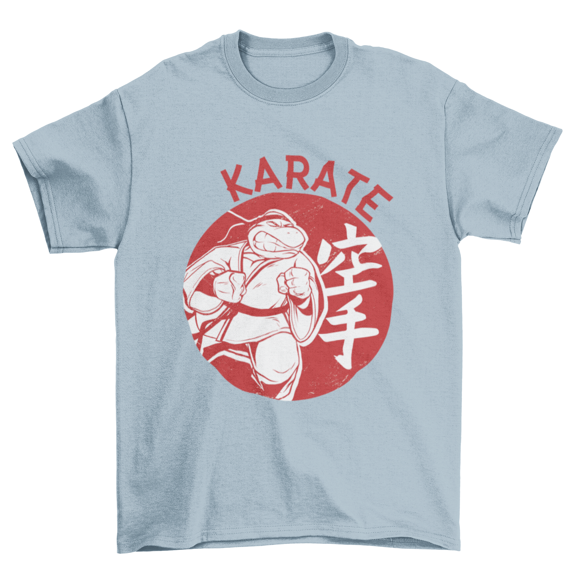 Graphic T-shirt featuring an anthropomorphic turtle in a karate gi with a fierce expression.