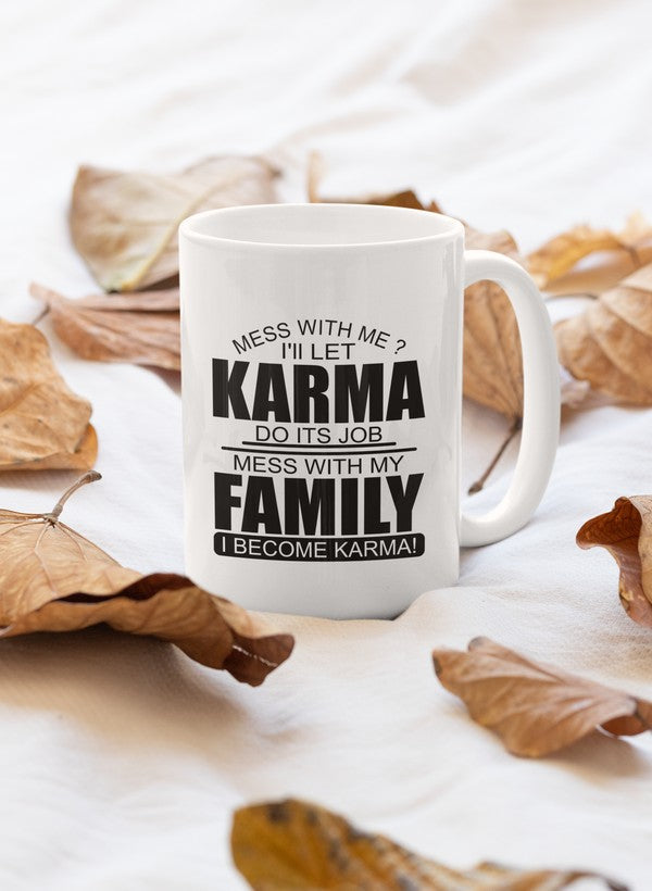 A stylish 11oz Karma Family Mug with a glossy finish and sturdy handle, perfect for hot and cold beverages.