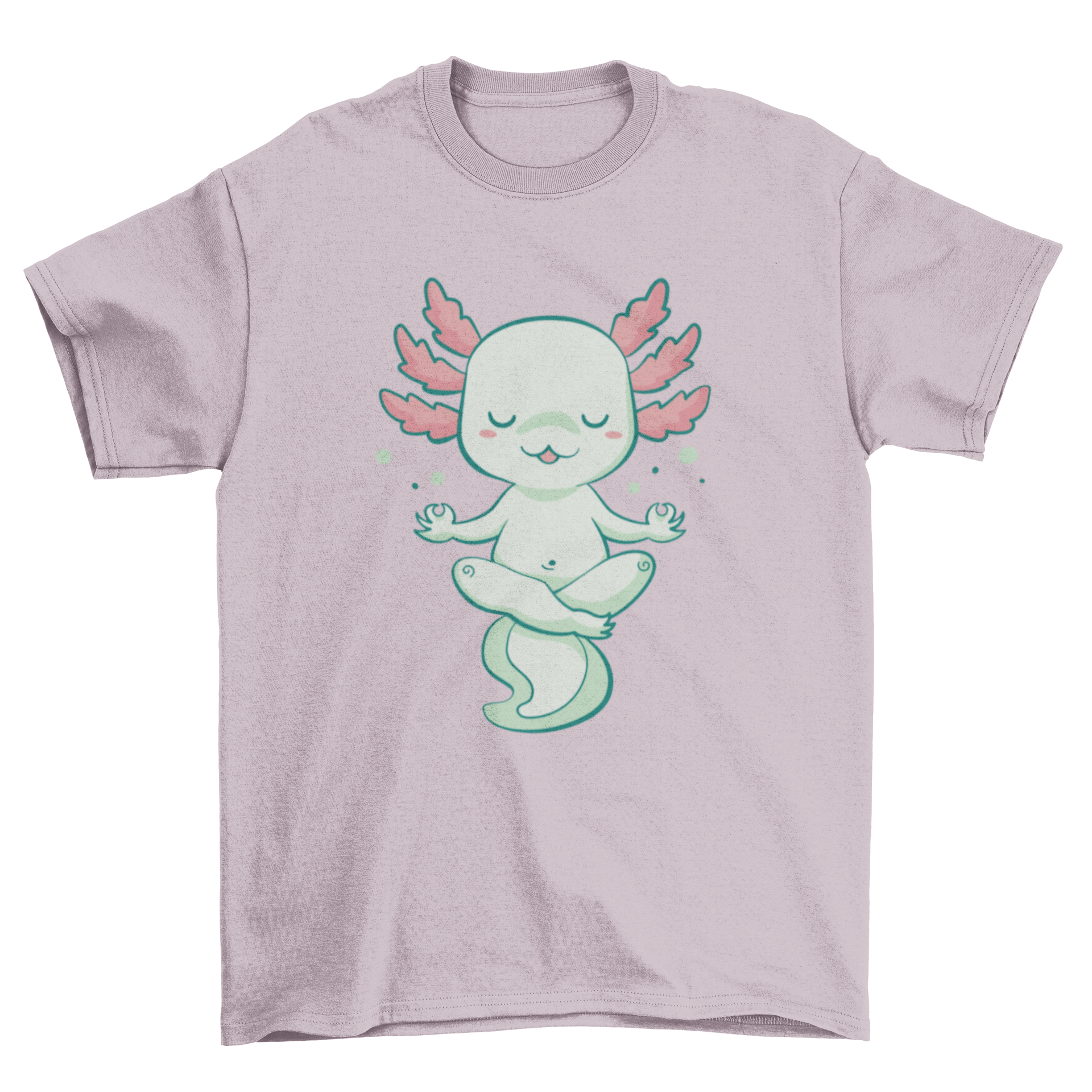 A cute t-shirt featuring a meditating axolotl design, showcasing vibrant colors and a playful illustration.