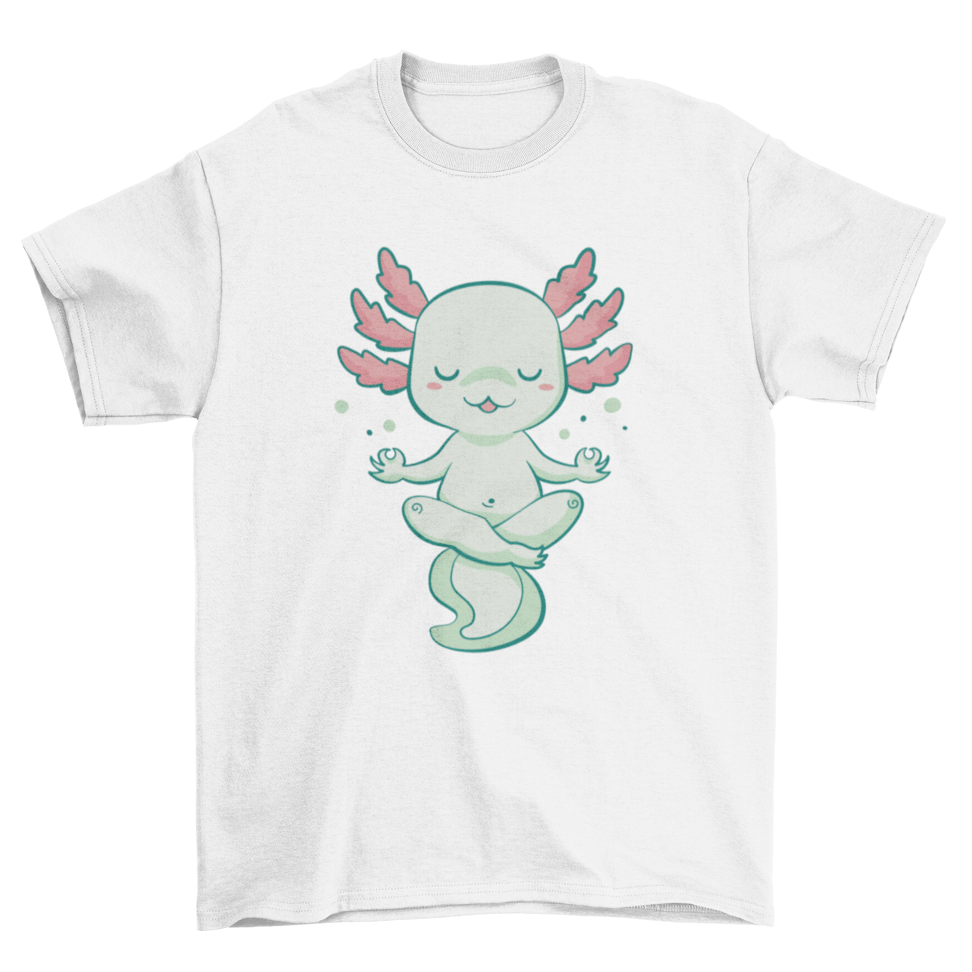 A cute t-shirt featuring a meditating axolotl design, showcasing vibrant colors and a playful illustration.