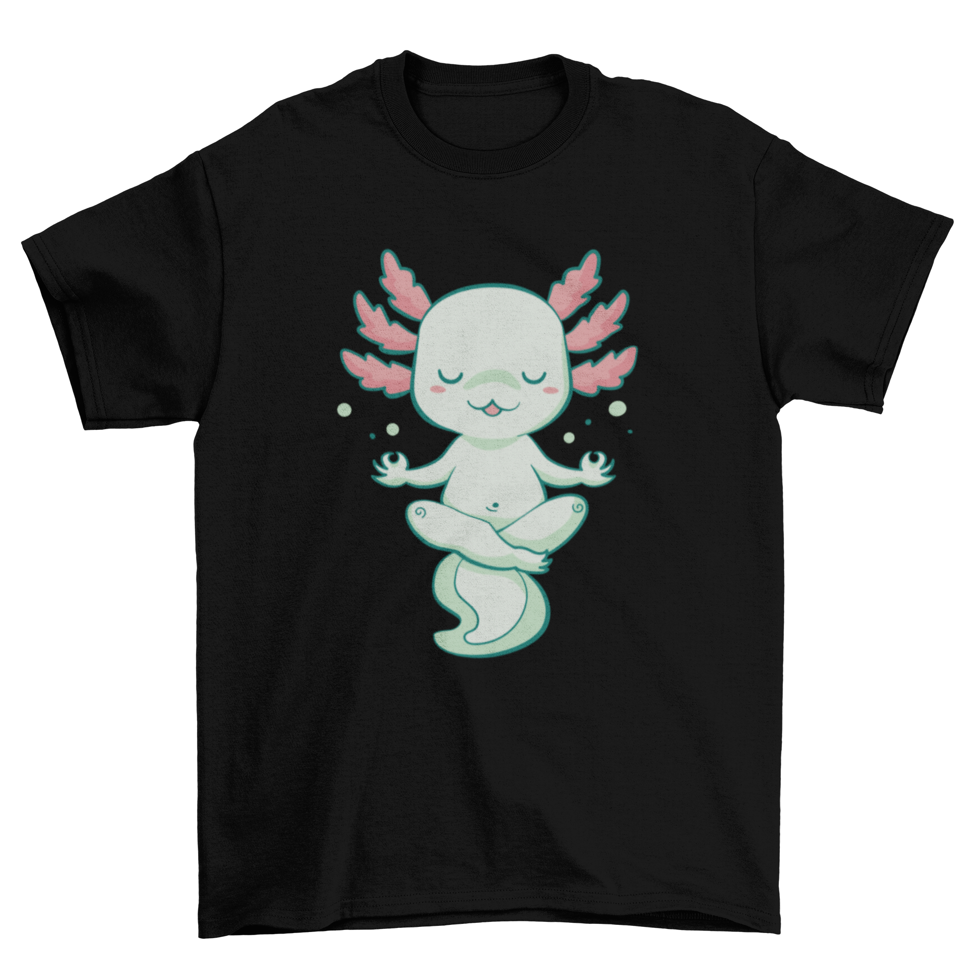 A cute t-shirt featuring a meditating axolotl design, showcasing vibrant colors and a playful illustration.