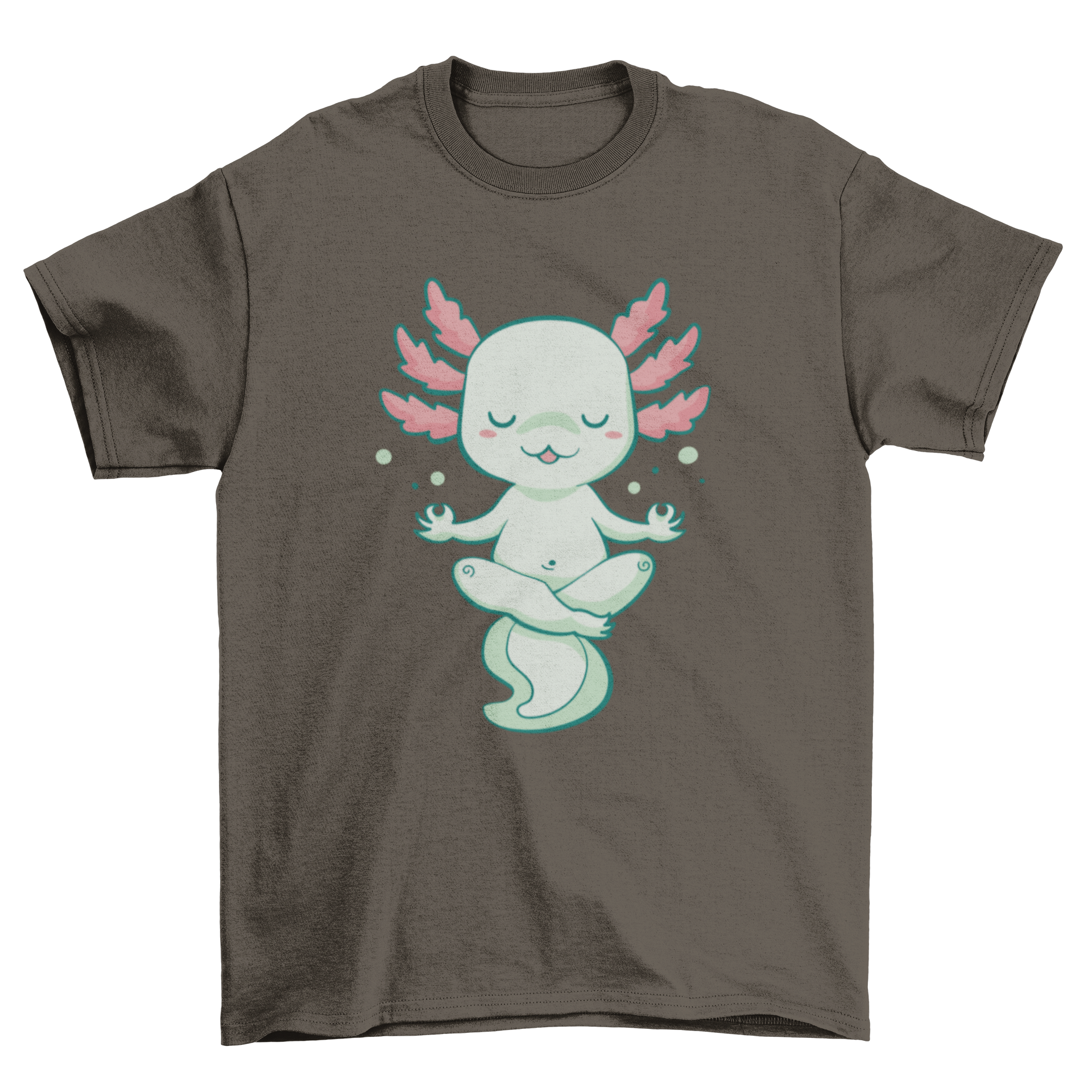 A cute t-shirt featuring a meditating axolotl design, showcasing vibrant colors and a playful illustration.