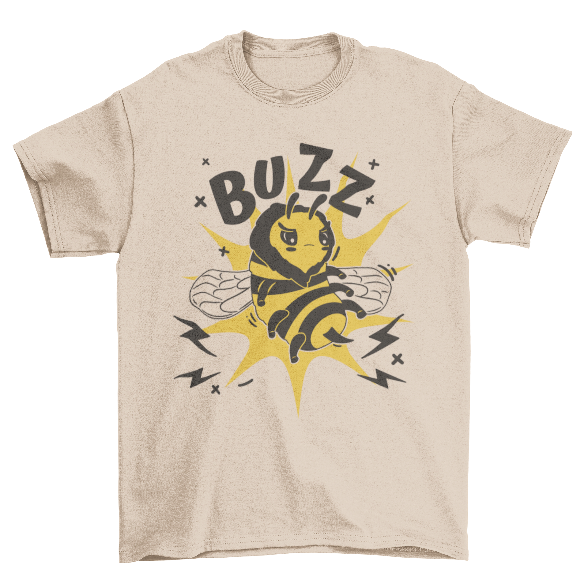 Kawaii bee buzz off quote t-shirt featuring a cute angry bee cartoon and playful text.