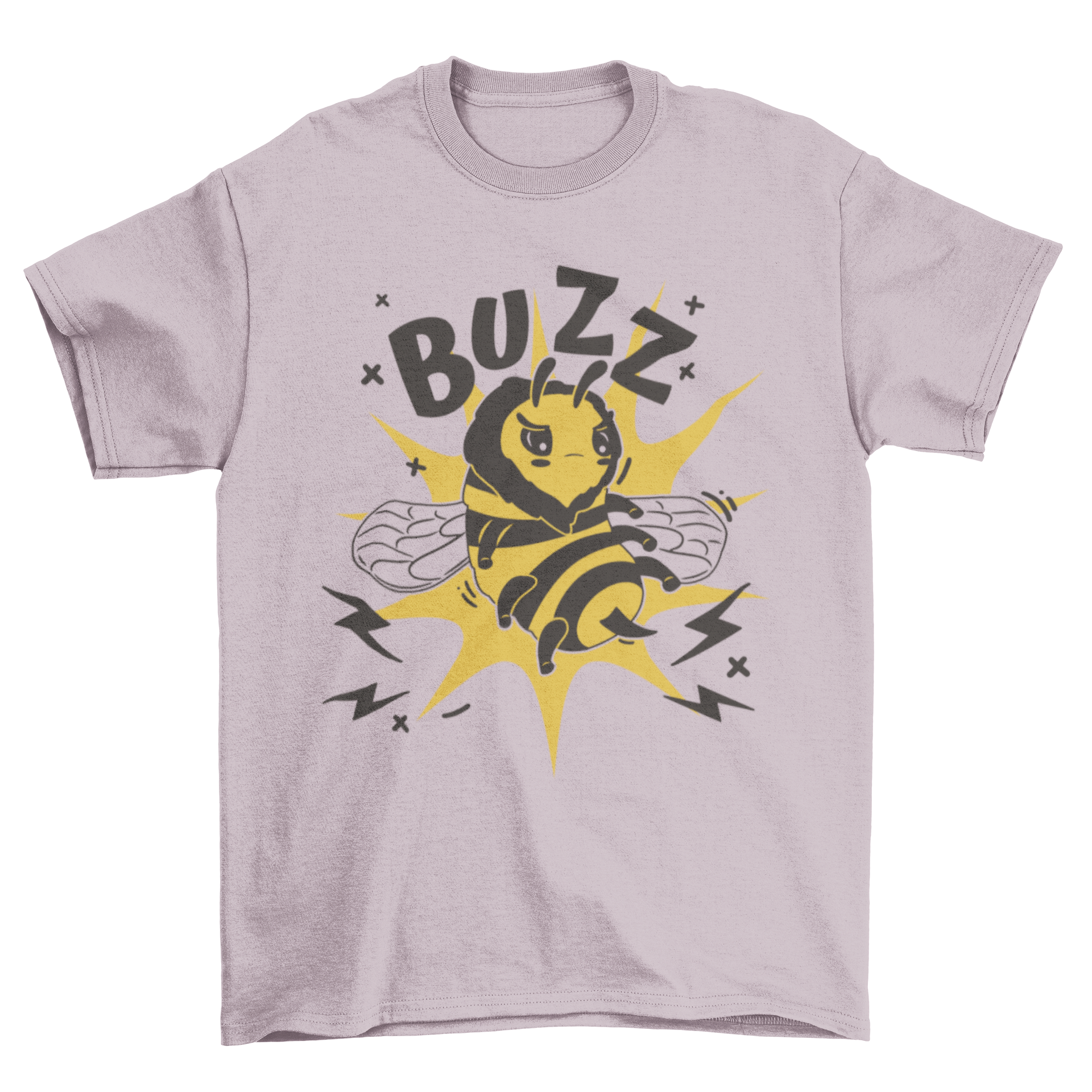 Kawaii bee buzz off quote t-shirt featuring a cute angry bee cartoon and playful text.