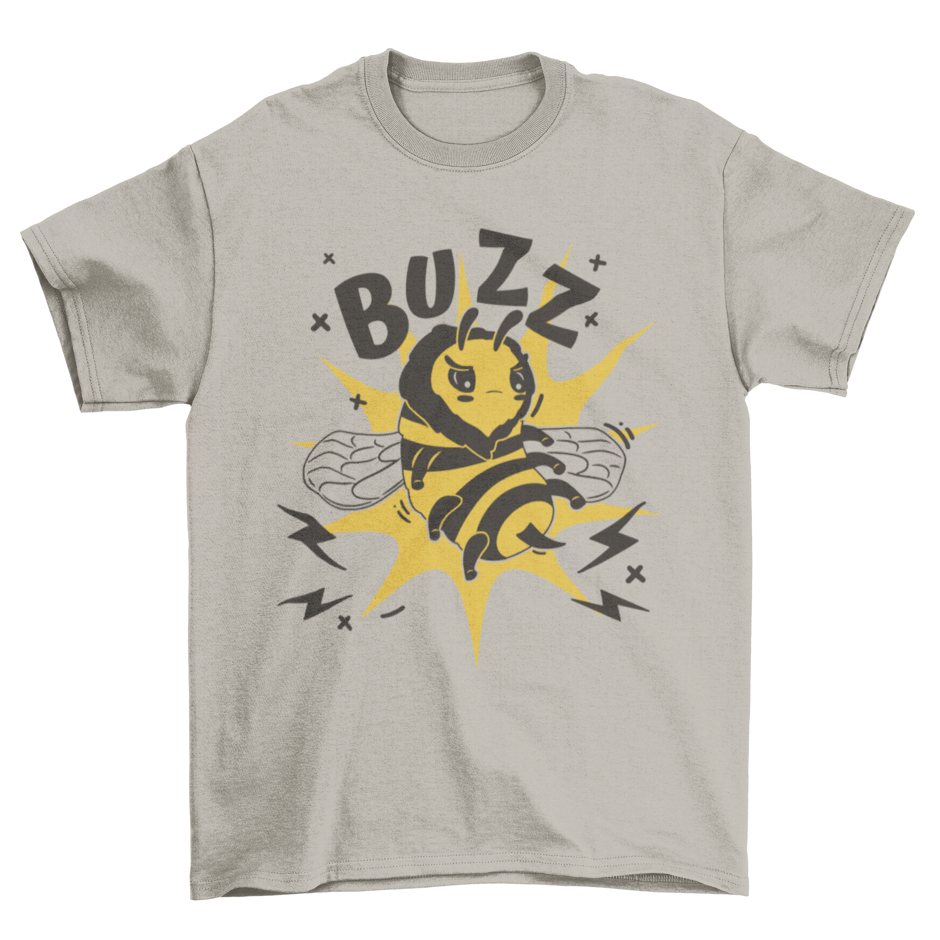 Kawaii bee buzz off quote t-shirt featuring a cute angry bee cartoon and playful text.