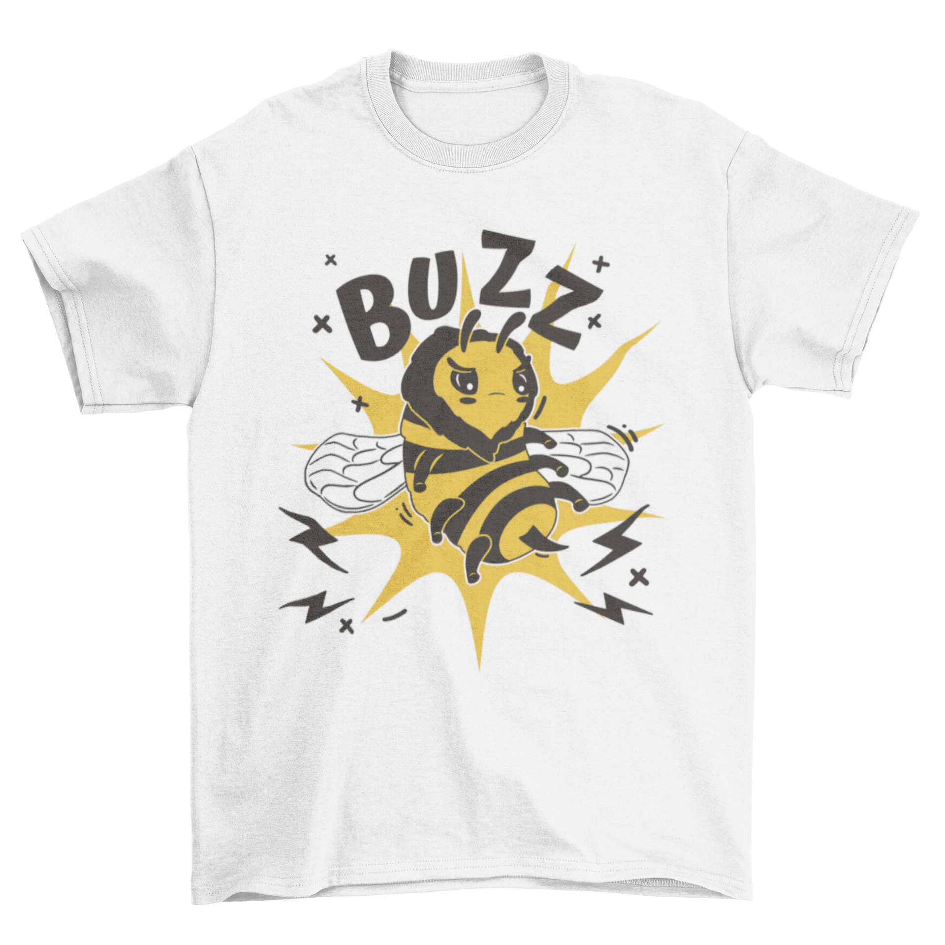 Kawaii bee buzz off quote t-shirt featuring a cute angry bee cartoon and playful text.